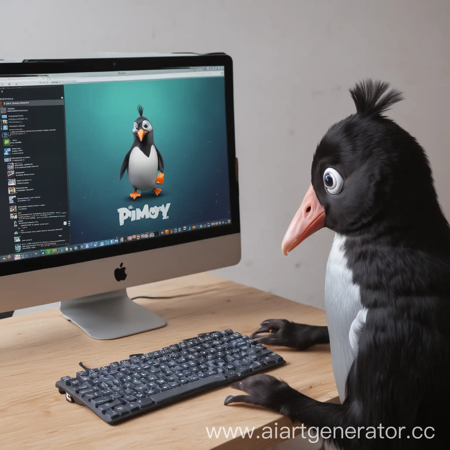 Penguin-Playing-Winter-Game-on-Computer