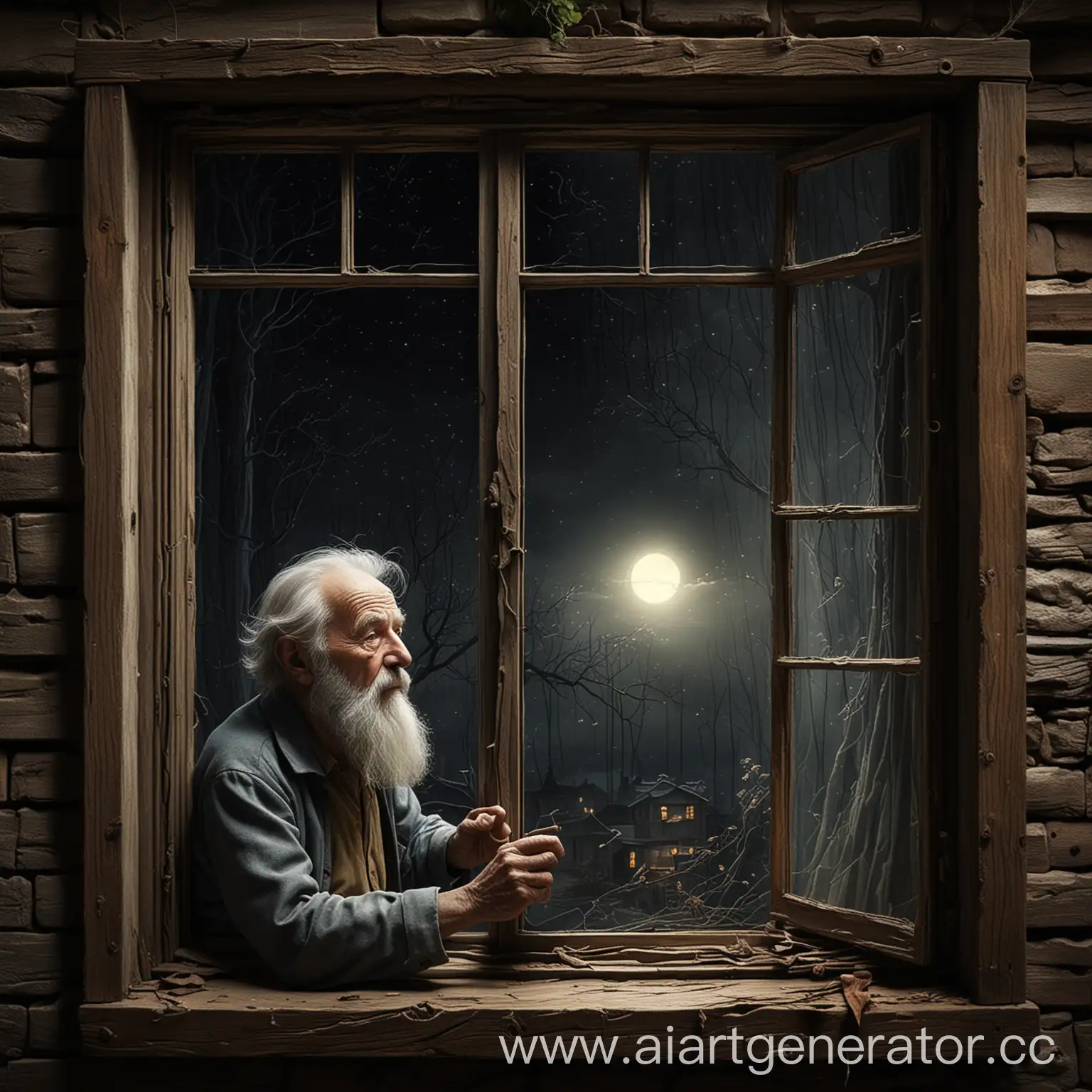 в стиле книжной иллюстрации, старик смотрит на себя в окно и видит чудоаище, они светятся в темноте, сюжет полностью показан, тонкие линии, высокая детализация, высокое разрешение