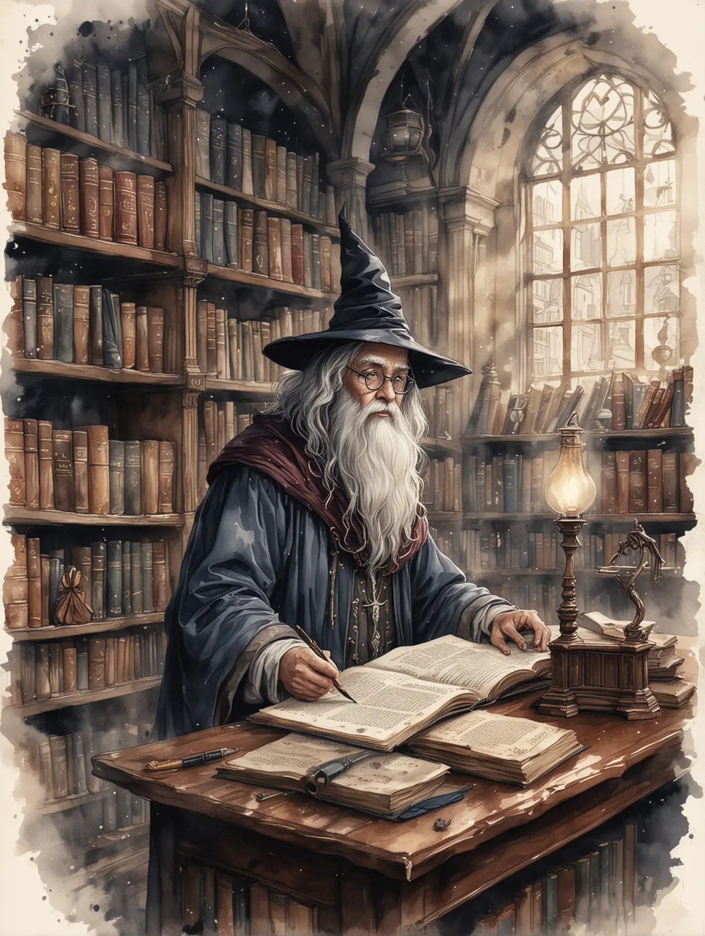 Digital illustration, Dark academia illustrations,  students, Wizard library, 300dpi, Graphic Art, watercolour and ink wash, 