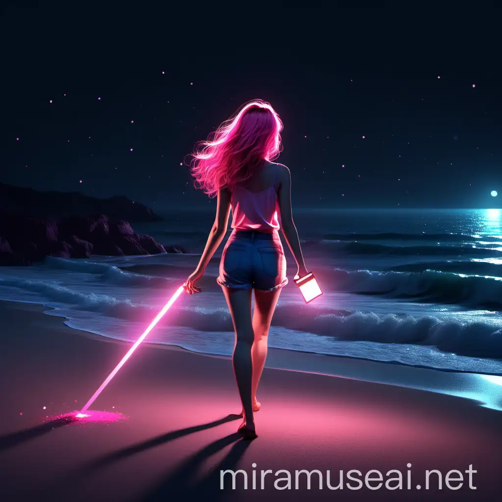 Minimalist Girl with Pink Hair Walking by Ocean at Midnight