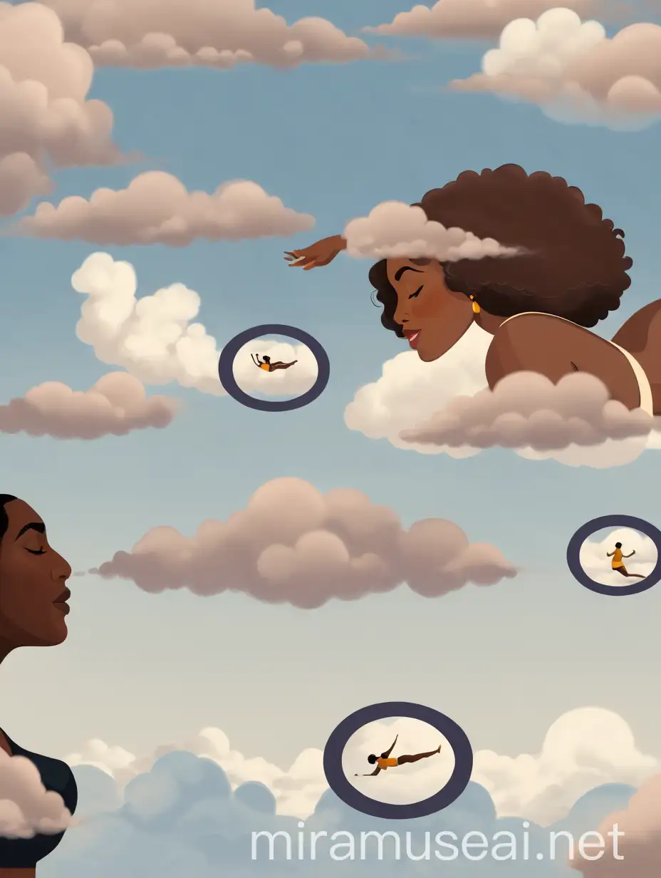 Chocolate curvy female with a tan curvy woman floating in the clouds with the stocky brown male with short hair relax while all eyes are on  them