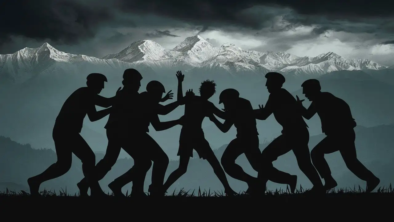 Silhouette of Miscreants Beating Young Man in Uttarakhand Mountains