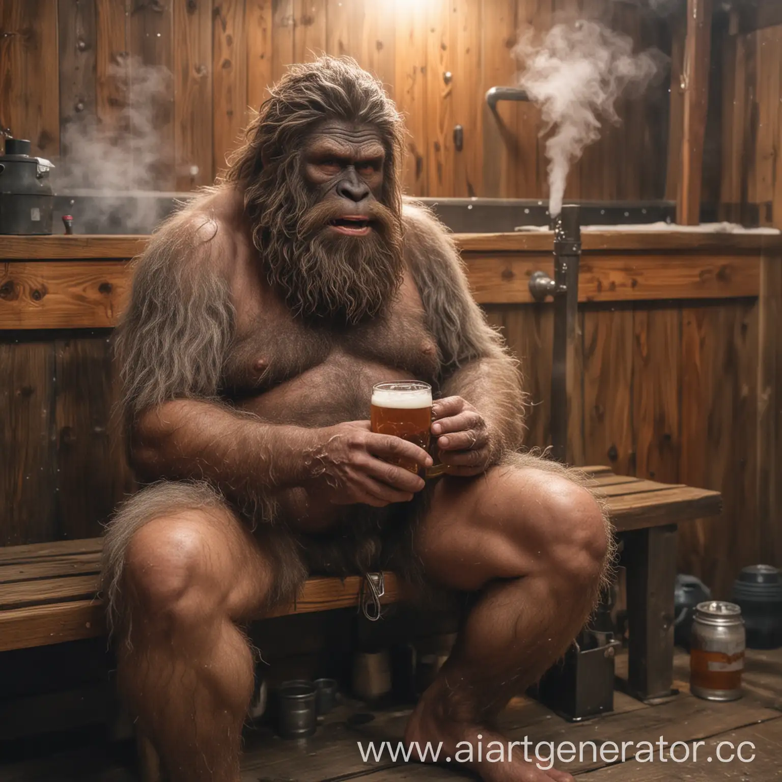 мохнатый бигфут сидит на лавке в бане, пьет пиво, вокруг пар