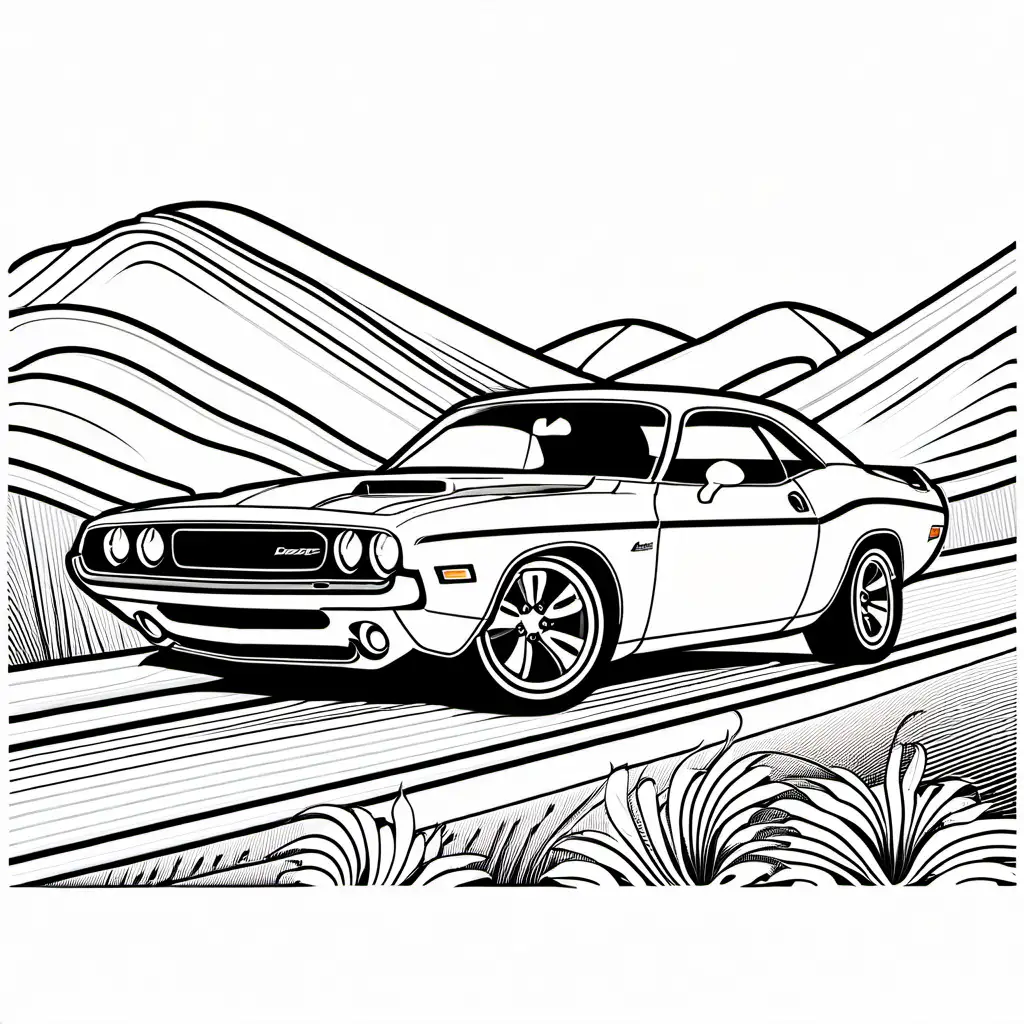 dodge challenger, Coloring Page, black and white, line art, white background, Simplicity, Ample White Space. The background of the coloring page is plain white to make it easy for young children to color within the lines. The outlines of all the subjects are easy to distinguish, making it simple for kids to color without too much difficulty, no shading, full picture, Coloring Page, black and white, line art, white background, Simplicity, Ample White Space. The background of the coloring page is plain white to make it easy for young children to color within the lines. The outlines of all the subjects are easy to distinguish, making it simple for kids to color without too much difficulty
