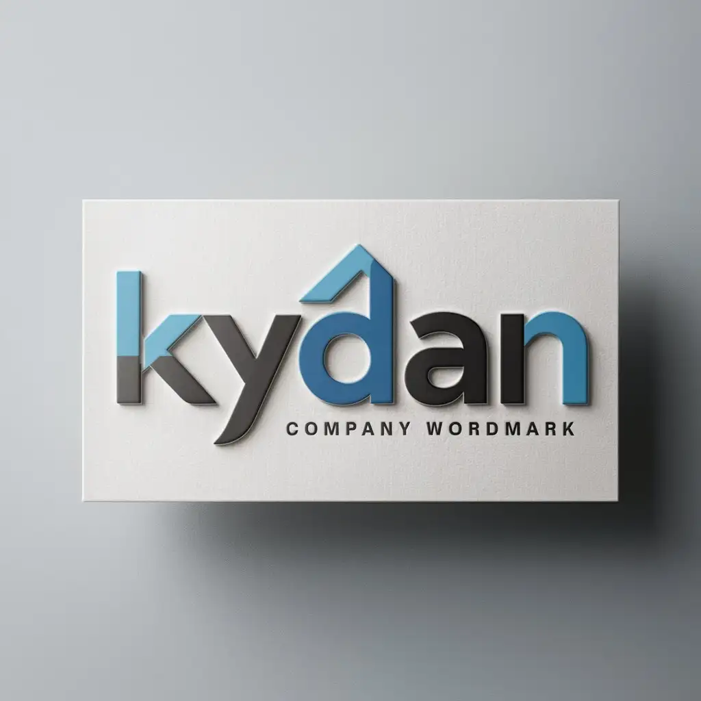 a logo design,with the text "Kydan", main symbol:Looking for a modern wordmark Logo design for a company called Kydan. logo should modern word wtth home shape. preferred color blue and black. must be white paper card mockup,Moderate,clear background