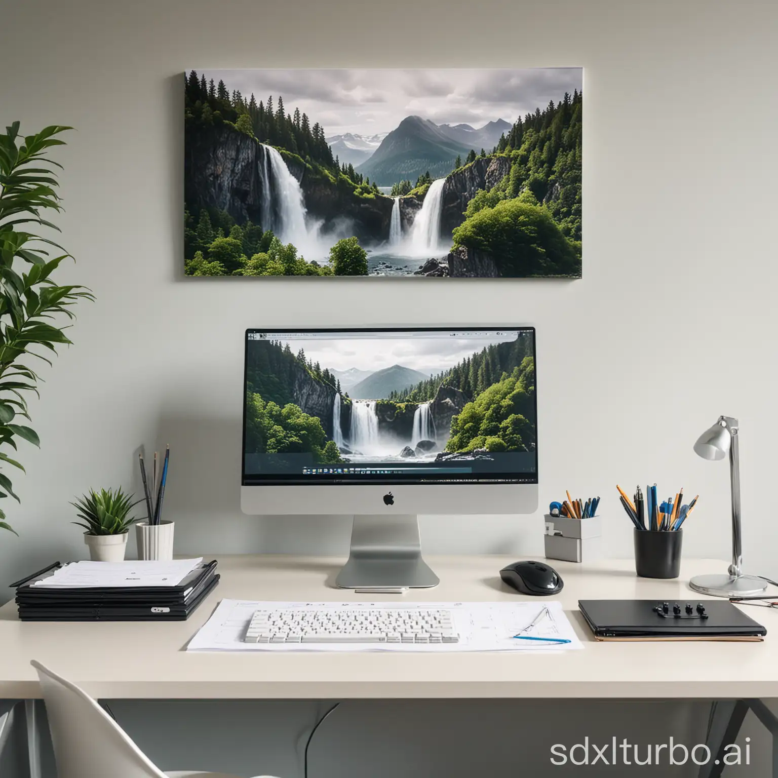 A clean, well-organized desk as an office workspace with computer, monitor, mouse and keyboard along with a calculator and paper task list. The office is bright and modernly furnished. No people visible in the image. On the wall, a photograph of a landscape with waterfall.