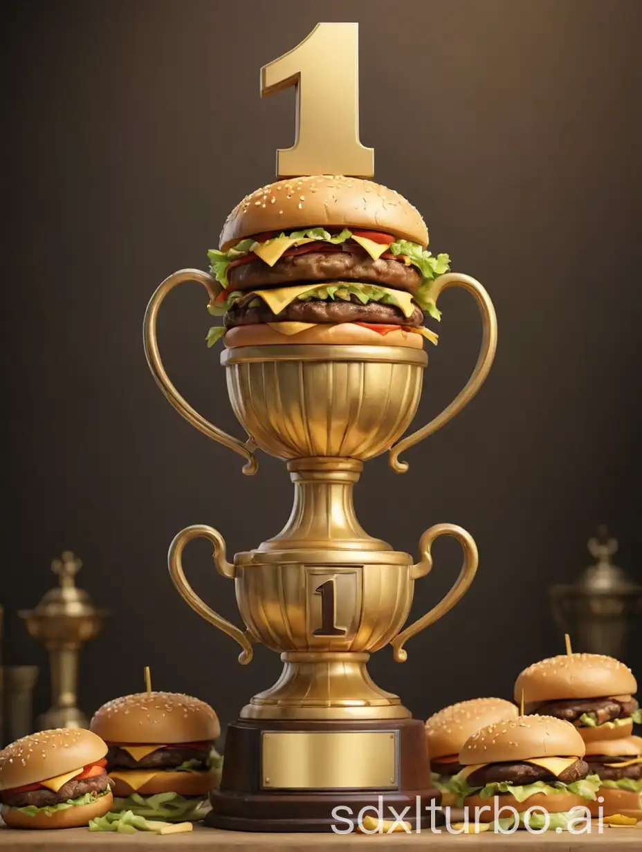 A golden trophy with the number 1, and this trophy is full of hamburgers inside.