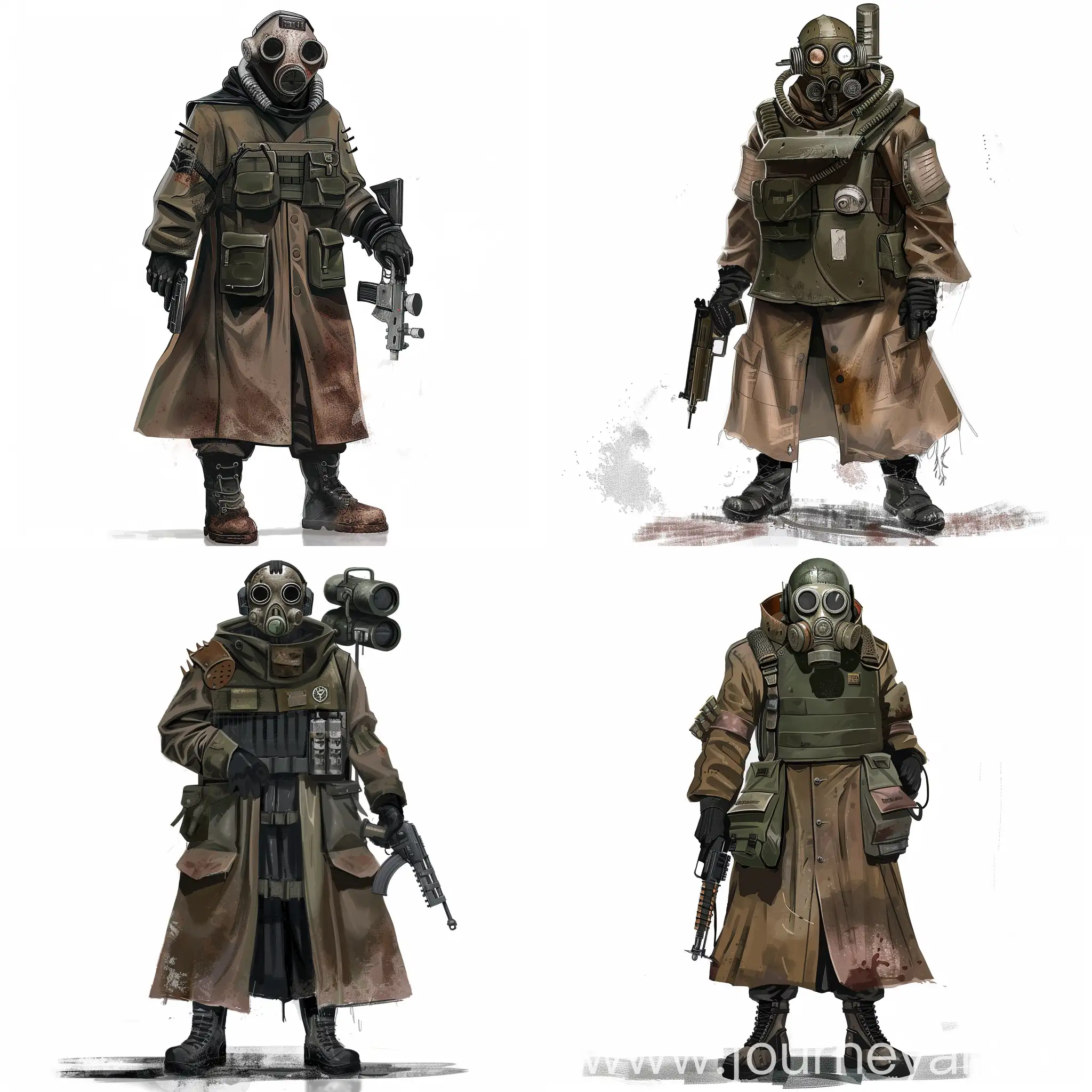 Concept art on a white background of a Hansa soldier from metro 2033, a soldier in a gas mask, in a brown, dirty and worn short raincoat, with a leather bulletproof vest on his body, black gloves and military boots, a post-apocalyptic helmet with built-in spikes on his head, in one hand he has a pistol, in the other The other is a floodlight lamp for lighting large spaces.