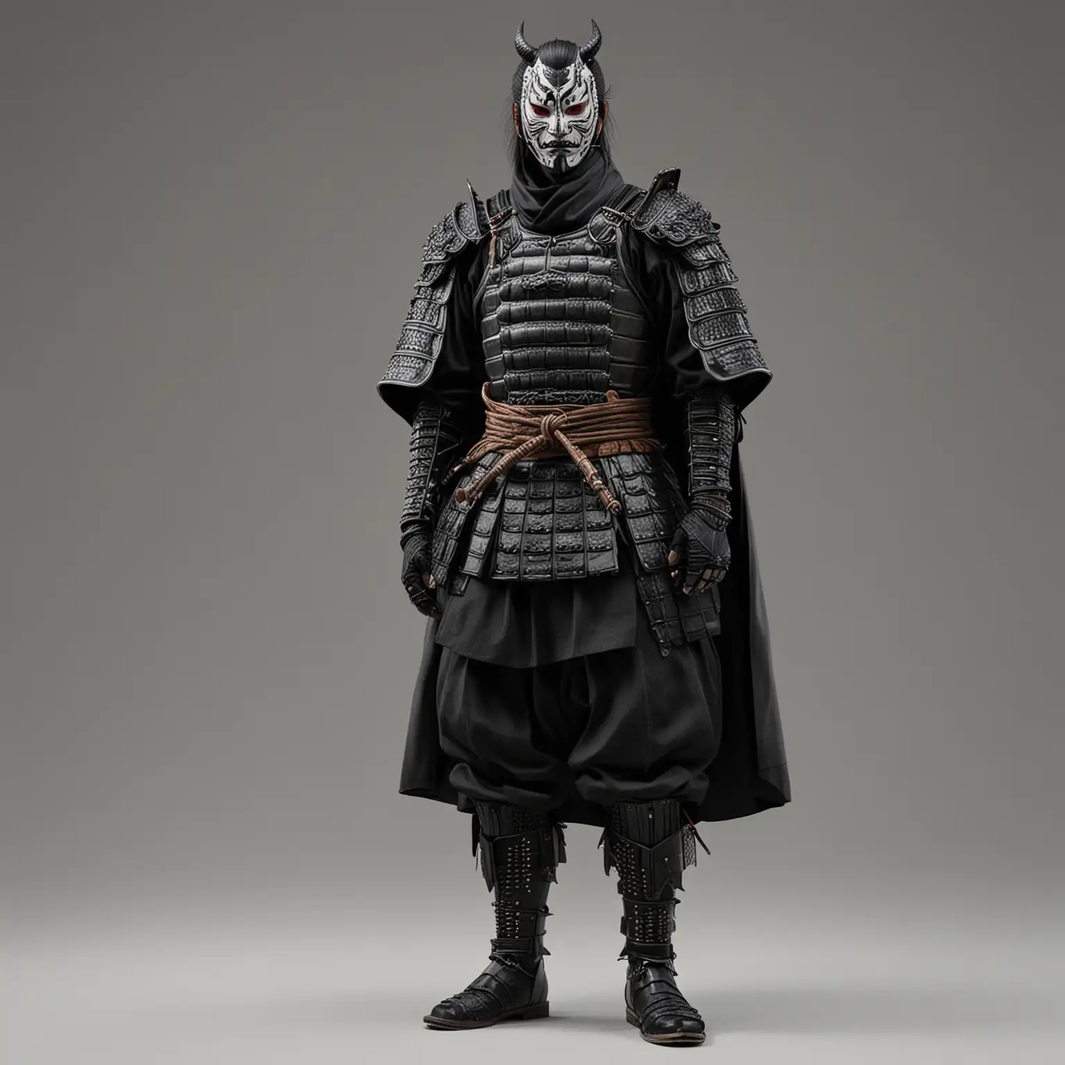 standing full body view, looking to the right, heroic Japanese man with pure black samurai armor, black dragon kabuki mask, turtleneck armor, black metal boots, baggy samurai pants, cape, bright white background, extremely detailed skin, extremely detailed clothing, natural colors , professionally color graded, photorealism, 8k, realistic, moody lighting, volumetric lighting