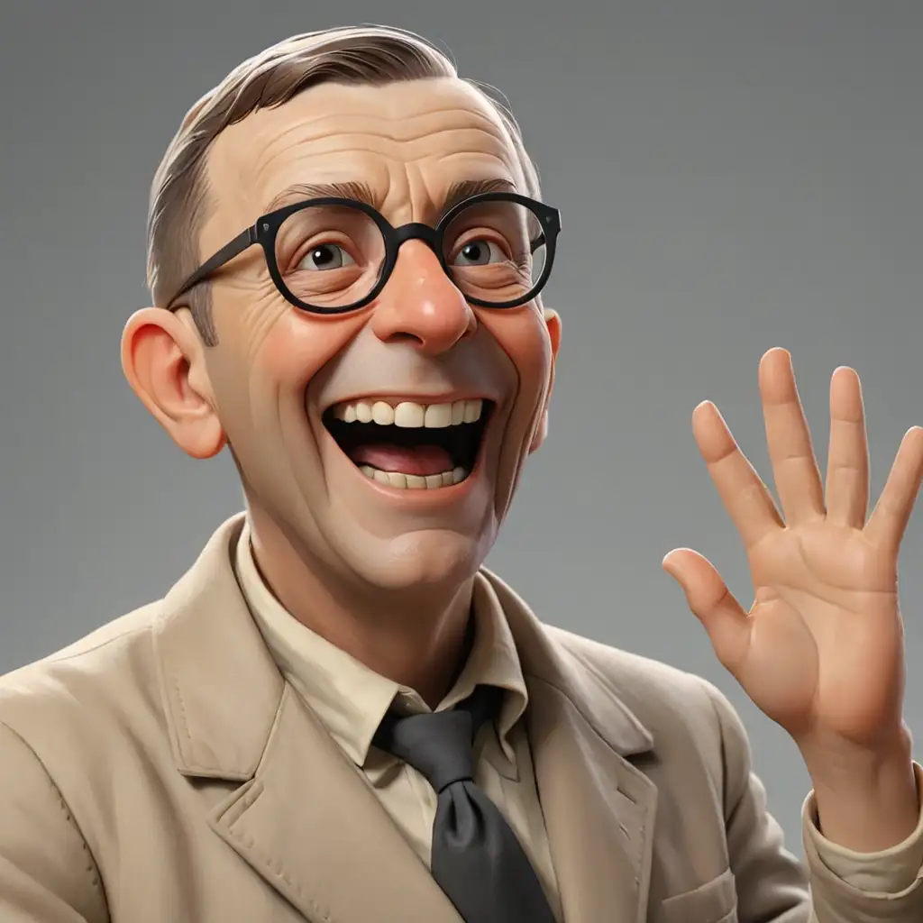 Jean-Paul Sartre smiles and waves to someone. No background. Realism style, 3D animation.