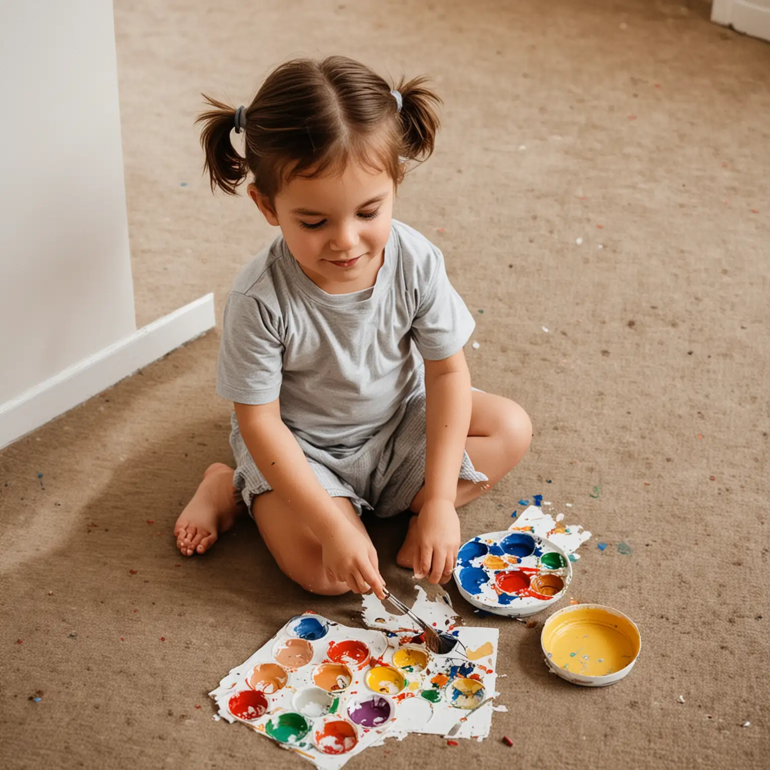 Creative Child Painting and Crafting on Floor