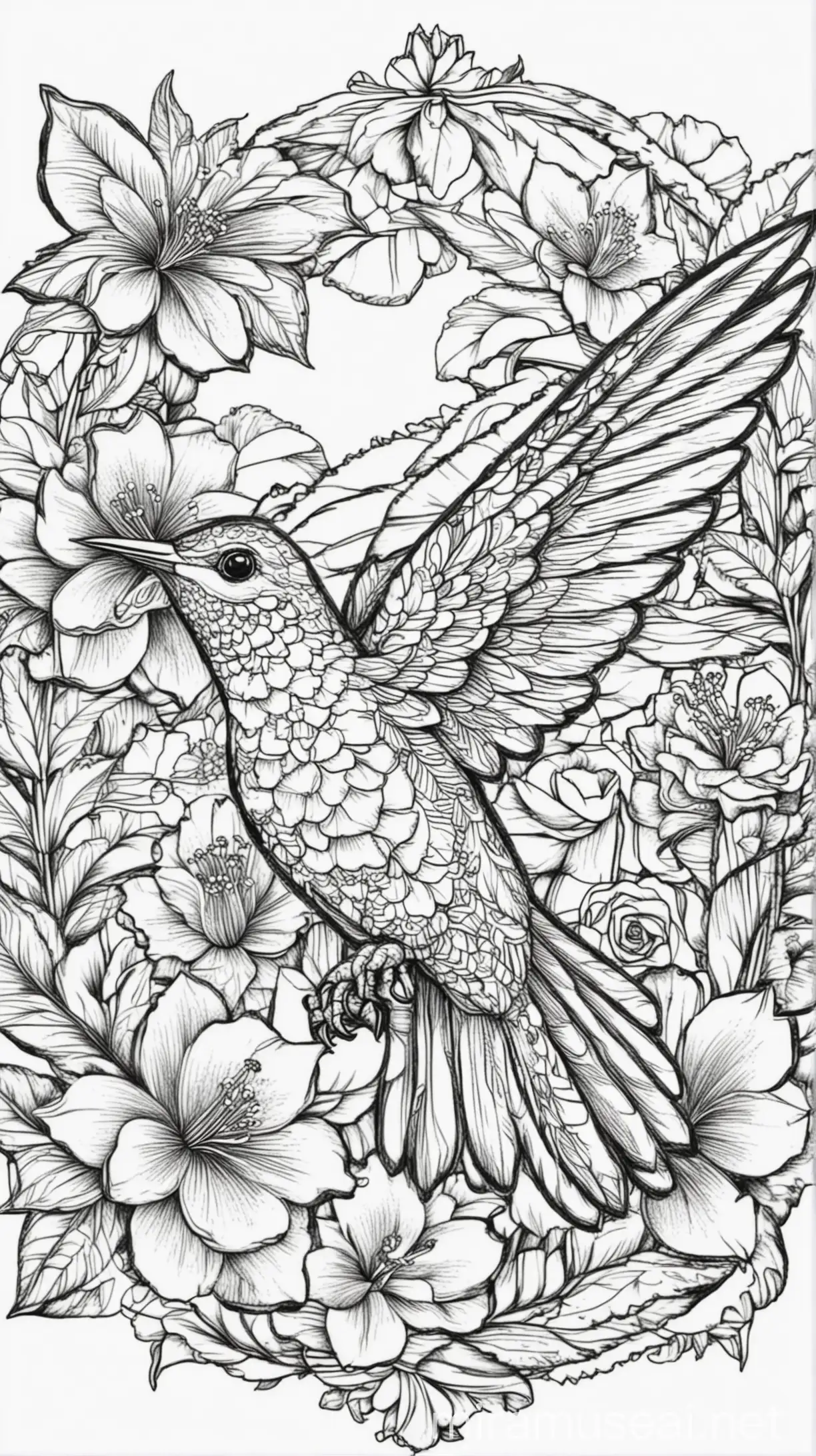 Hummingbird with Roses for Coloring Book