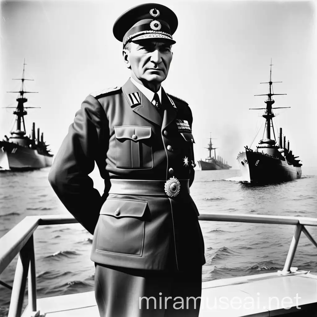Mustafa Kemal Atatürk, battlefield, hero, commanding soldiers, warships on the sea