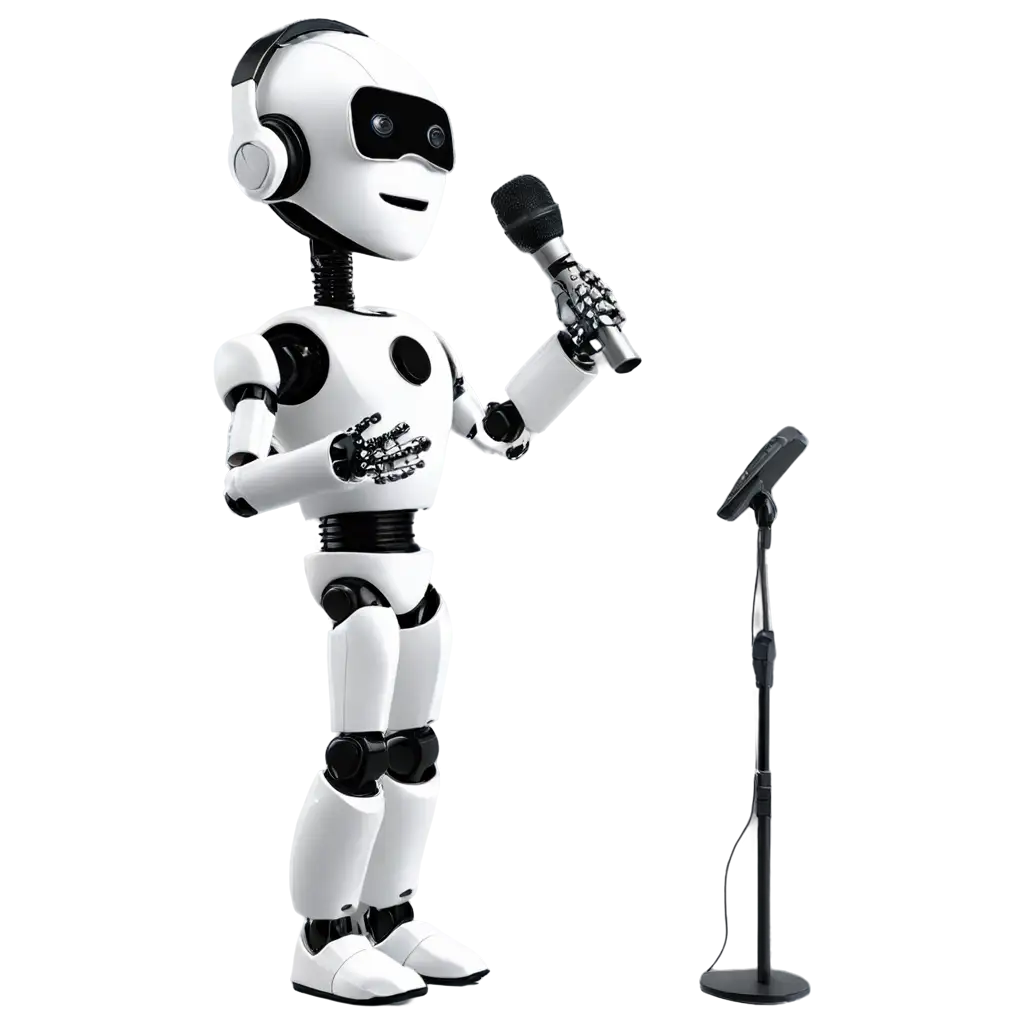 robot singing a song on mic wearing head phone