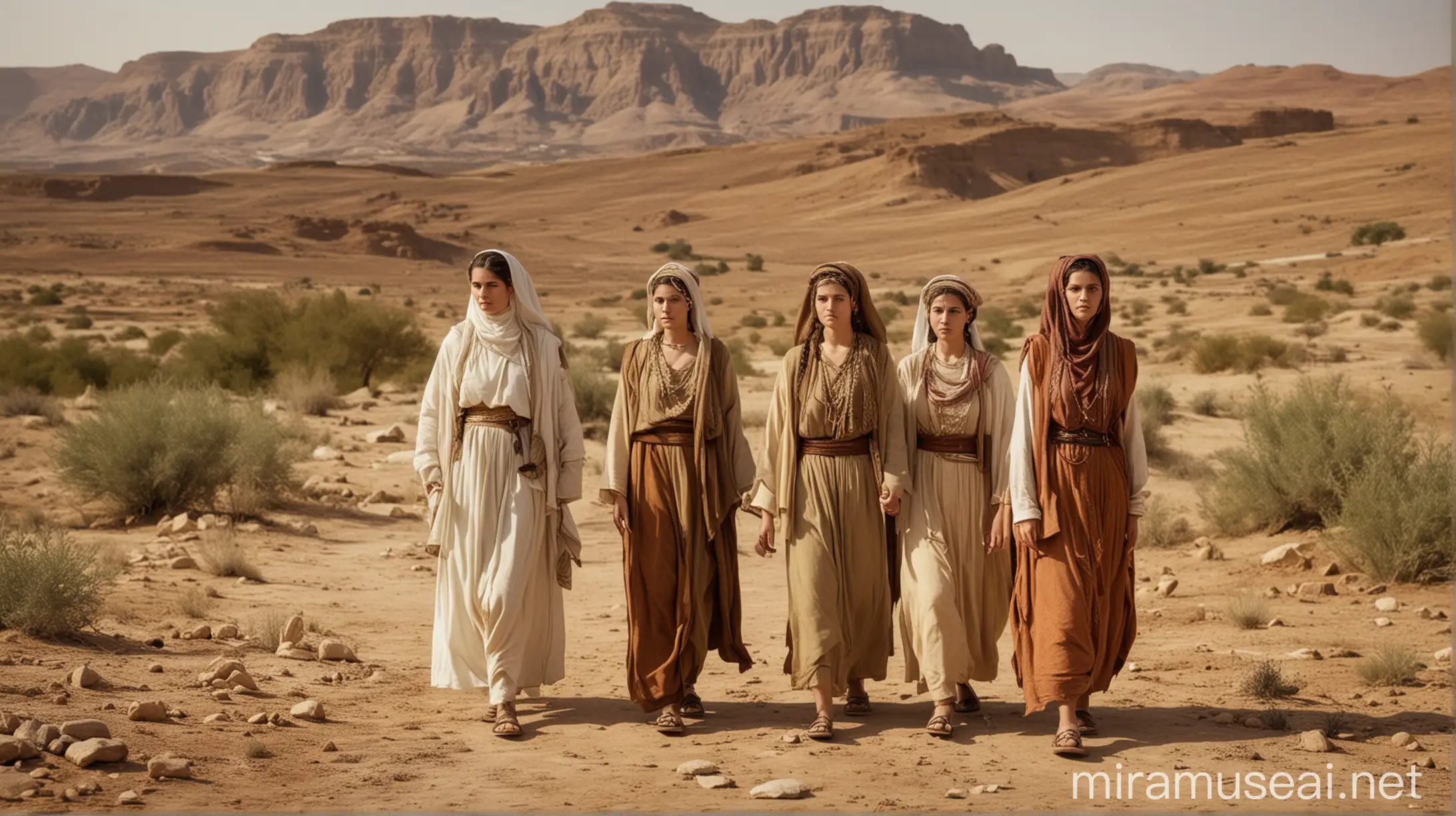 A group of five women (Hoglah and her sisters) walking towards Moses and Eleazar, dressed in ancient Hebrew attire, with a desert landscape in the background