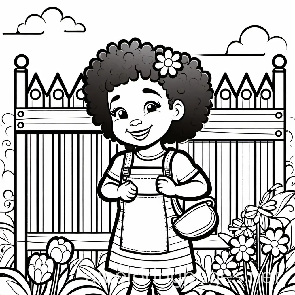 african american toddler girl happy smiling character curly hair pigtails smelling flowers that are growing on a garden gate add flowers all around coloring page, Coloring Page, black and white, line art, white background, Simplicity, Ample White Space. The background of the coloring page is plain white to make it easy for young children to color within the lines. The outlines of all the subjects are easy to distinguish, making it simple for kids to color without too much difficulty