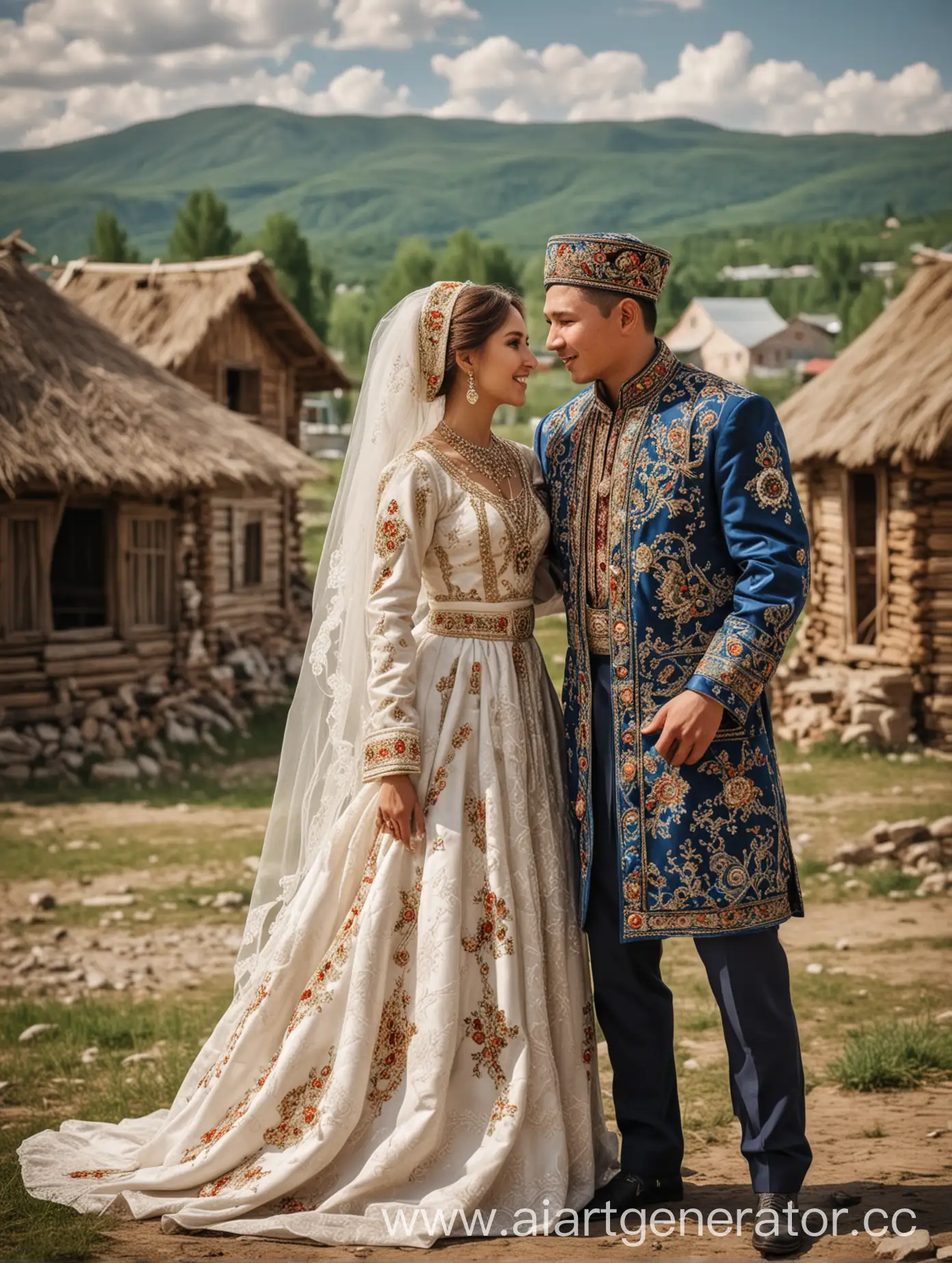 Традиционная башкирская свадьба, на изображении жених и невеста на фоне деревни 