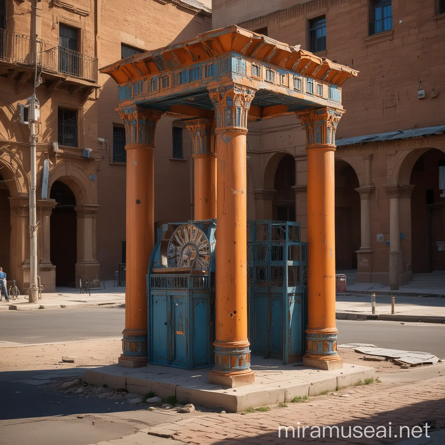 Urban Kiosk with Gearshaped Metal Design and Pharaonic Column