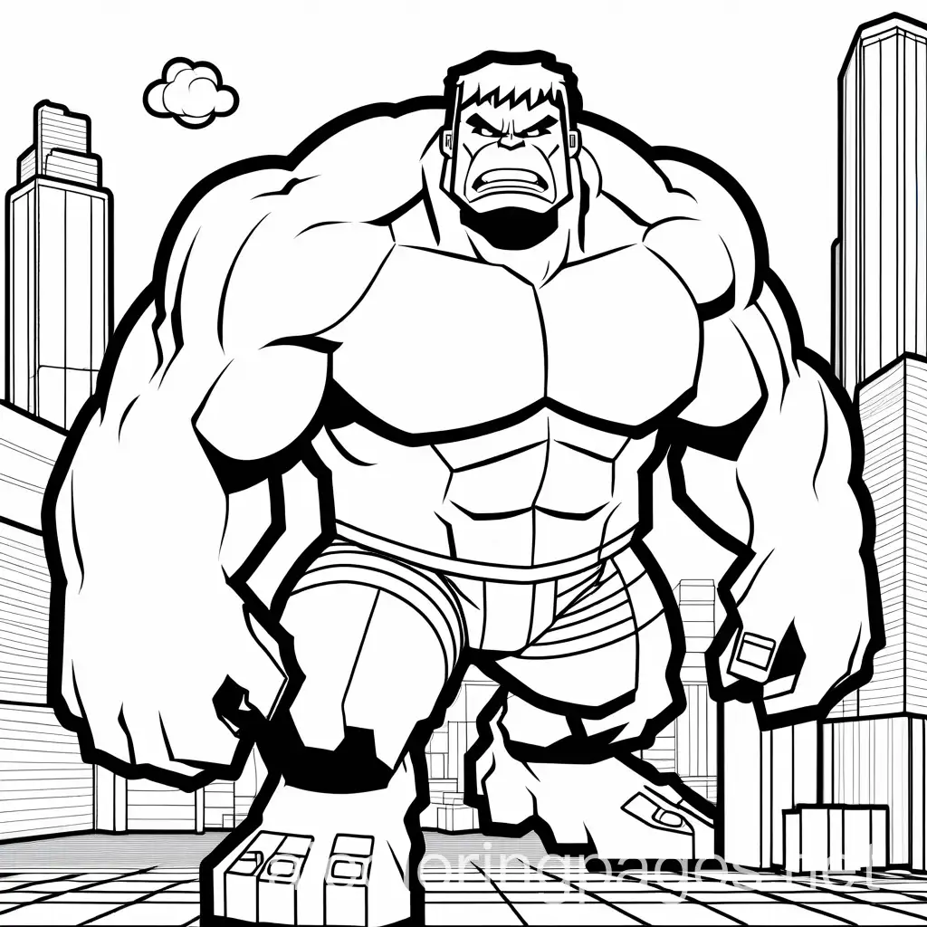  big hulk in a minecraft world, Coloring Page, black and white, line art, white background, Simplicity, Ample White Space. The background of the coloring page is plain white to make it easy for young children to color within the lines. The outlines of all the subjects are easy to distinguish, making it simple for kids to color without too much difficulty
