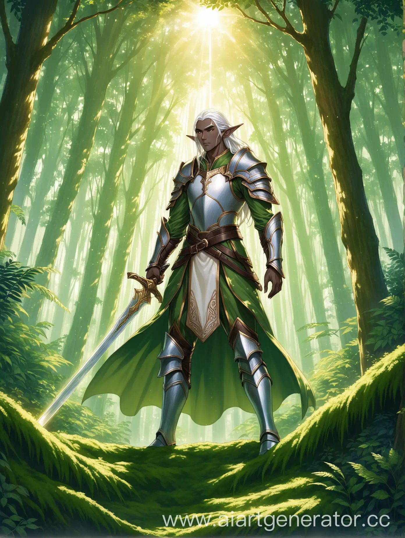 An elven man standing tall and proud in a set of gleaming adventurer armor that hugs his slender, very tall frame. His dark grey skin glistens in the dim light, contrasting beautifully with his long white hair that flows down to his waist, held back only by a simple leather thong. His face is delicately featured, with pointed ears and piercing green eyes that seem to gaze far into the distance, . He holds a sword in his right hand, its blade shining brightly, ready for battle. The sword is decorated with intricate designs that seem to tell a story of ancient wars and heroic deeds. The elf stands in a lush forest clearing, the trees towering around him like sentinels, their leaves rustling gently in the breeze. The ground beneath his feet is covered in a carpet of moss and ferns, and the air is filled with the songs of birds and the hum of insects. The sun peeks through the treetops, casting dappled shadows across the elf's broad chest and powerful shoulders. Realistic anime style