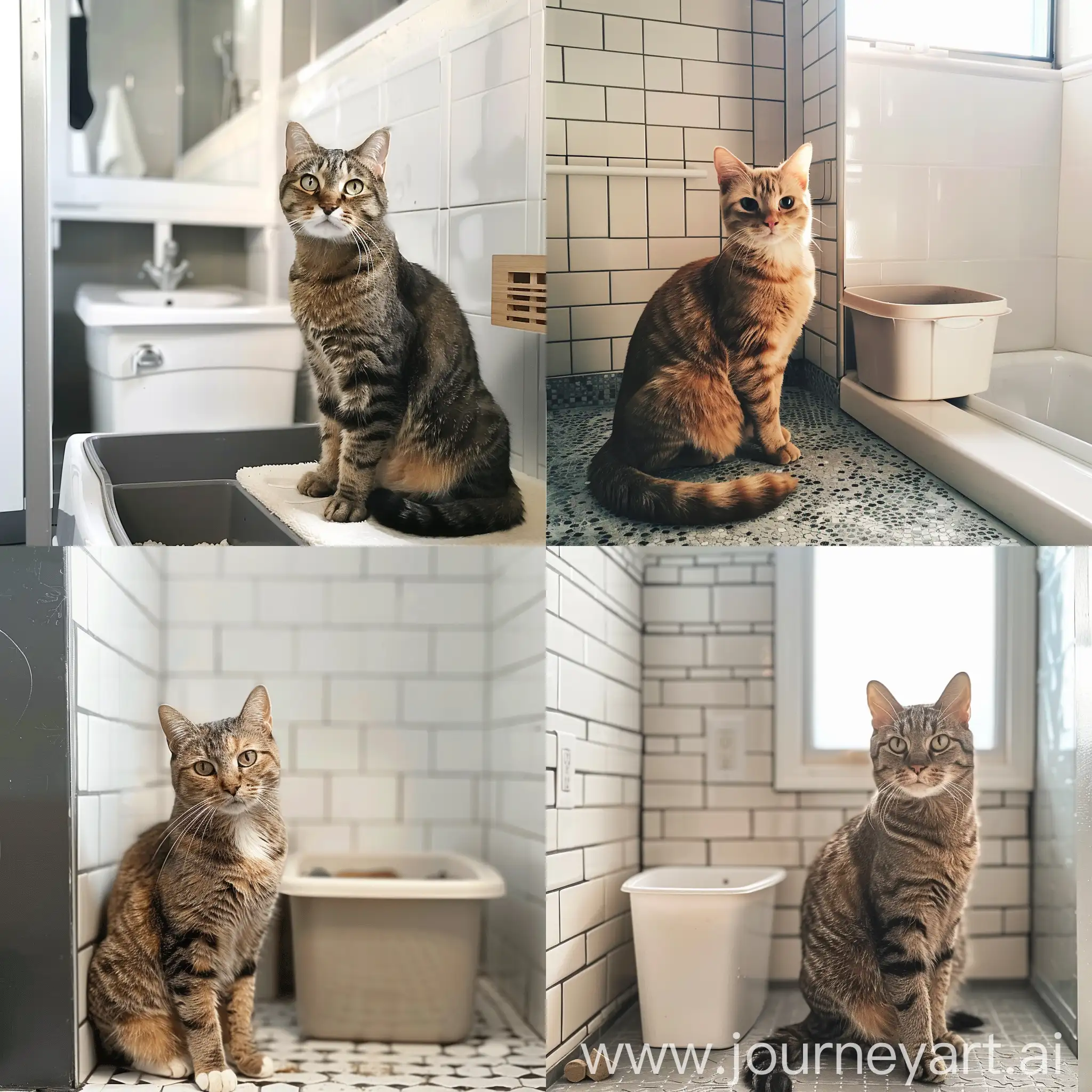 Elegant-Cat-Resting-Near-Litter-Box-in-Serene-Bathroom-Setting