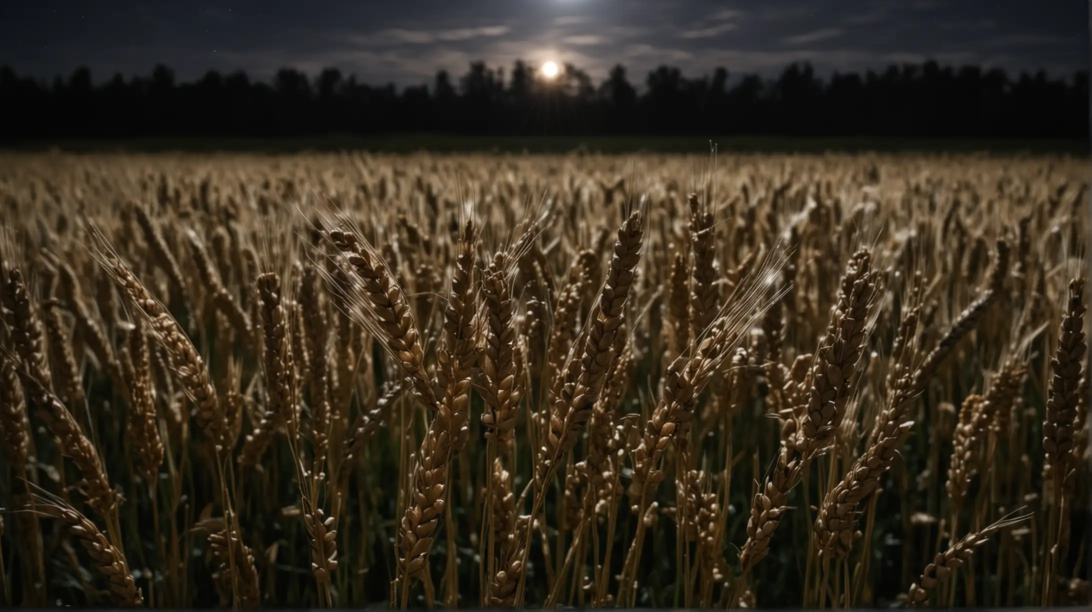 Crisp Nighttime Wheat Field with Forest Silhouette