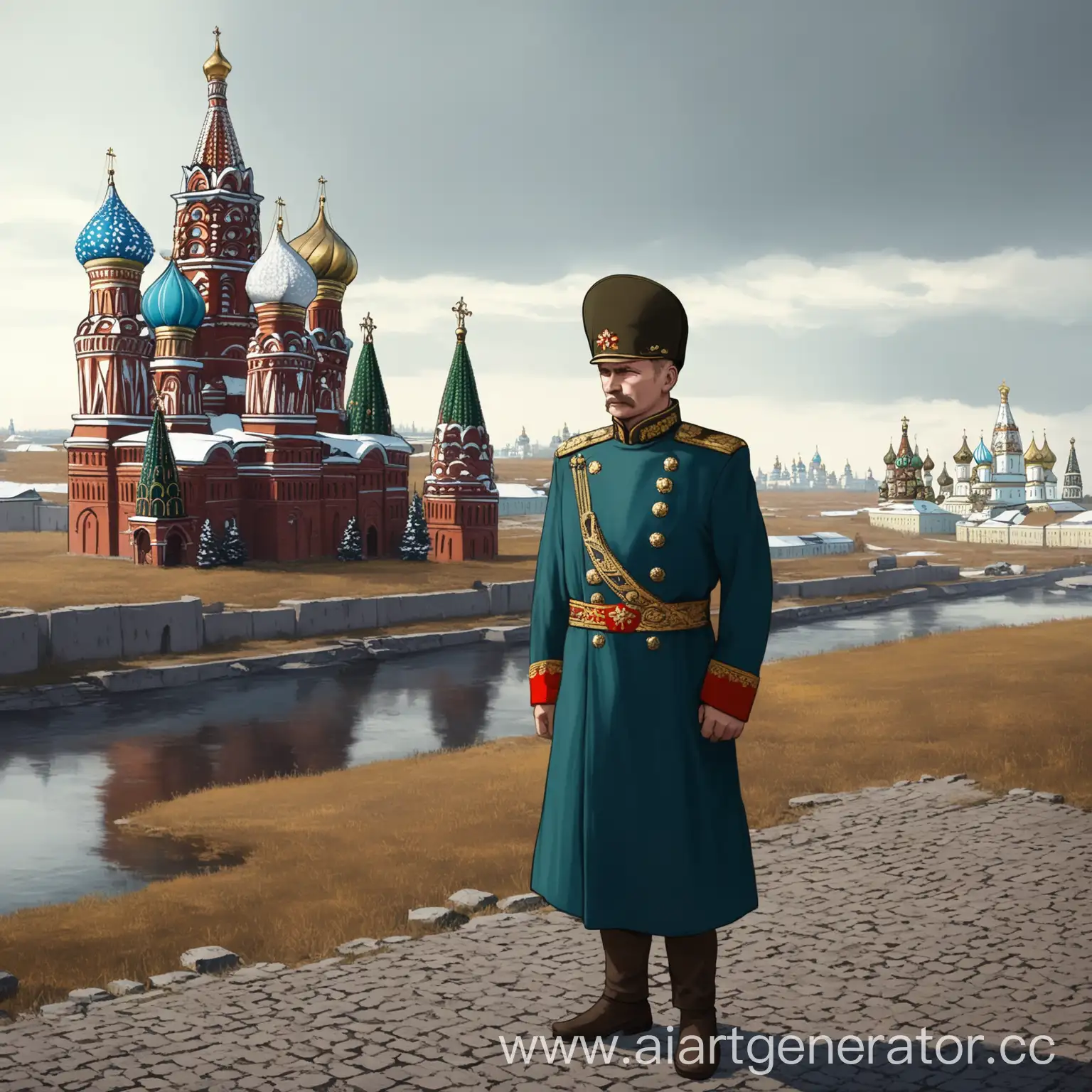 Русский полководец стоит в народной русской одежде и смотрит на древнерусский город
