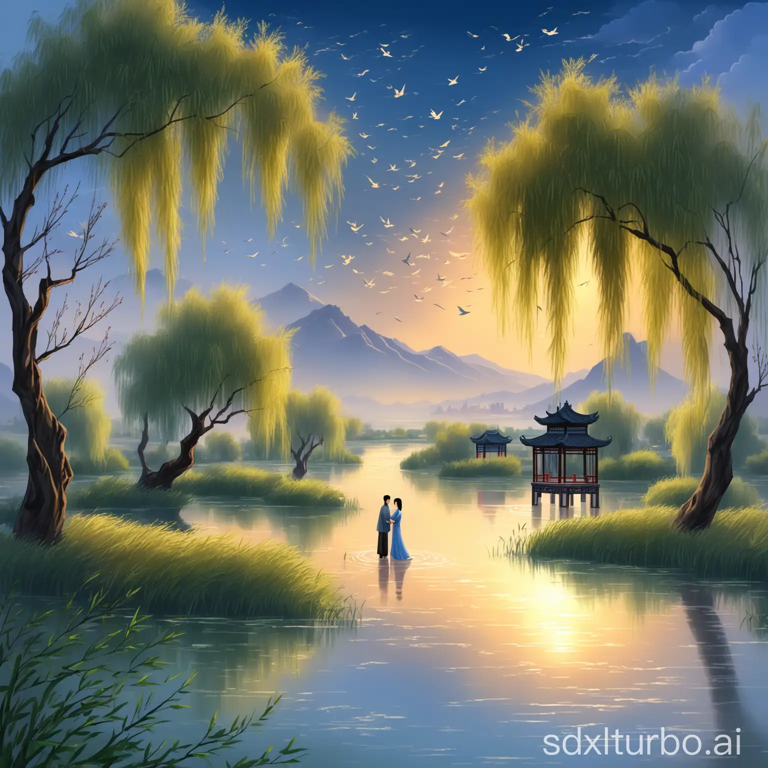 generate a romantic and beautiful landscape of evening wind blowing through willow trees, Chinese style, beautiful sky, a distant couple meeting each other