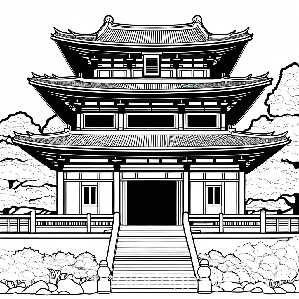 coloring page of bongeunsa temple, toddle friendly, Coloring Page, black and white, line art, white background, Simplicity, Ample White Space. The background of the coloring page is plain white to make it easy for young children to color within the lines. The outlines of all the subjects are easy to distinguish, making it simple for kids to color without too much difficulty