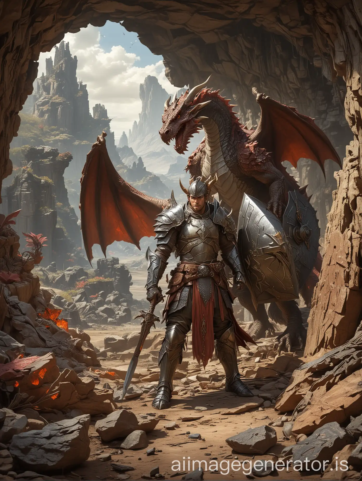 A dragon hunter with special armor, holding a long spear and large shield, stands next to a defeated dragon, with a cave full of treasure in the background