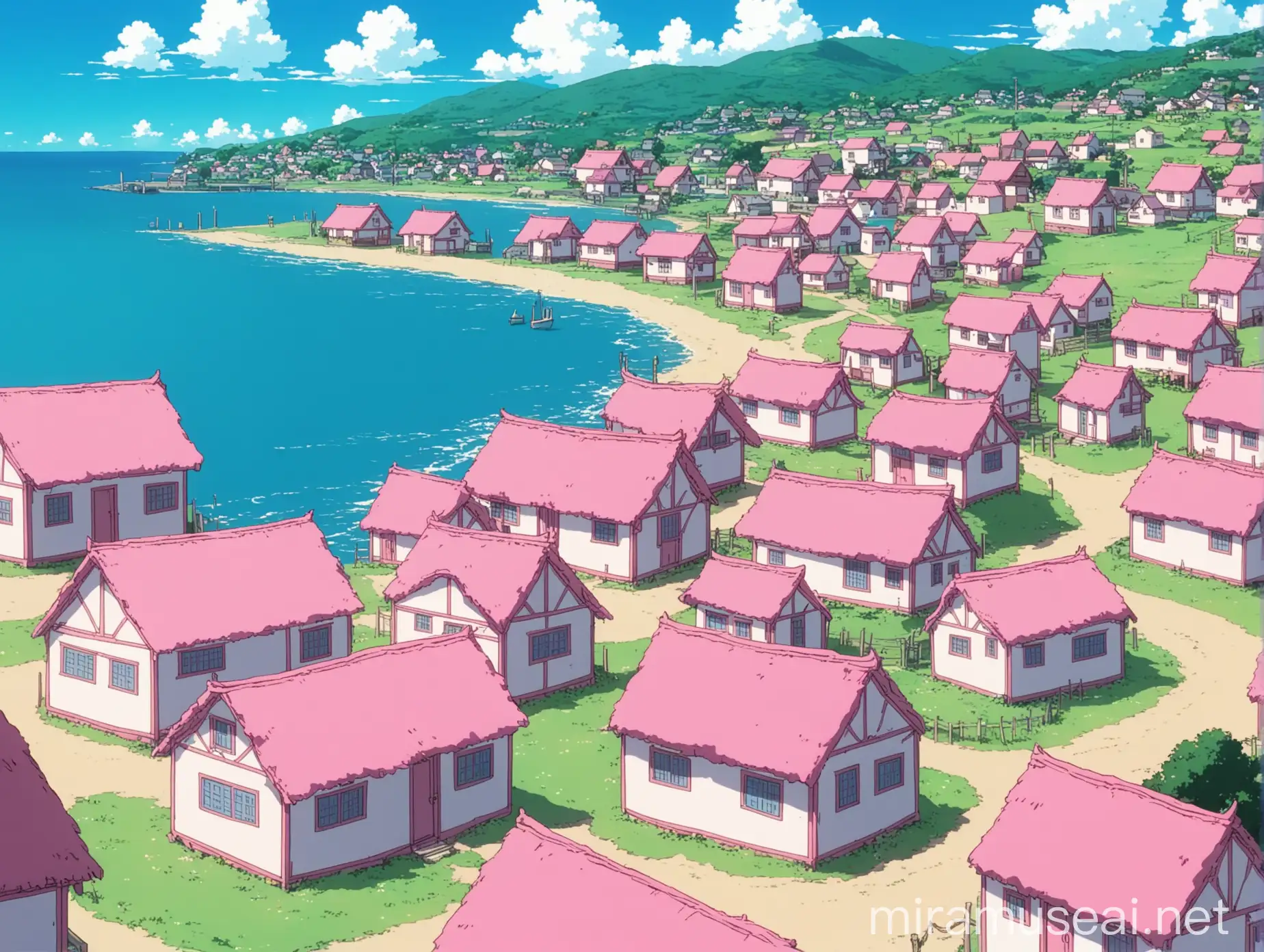 a village in front of a sea, the houses are pink, in anime