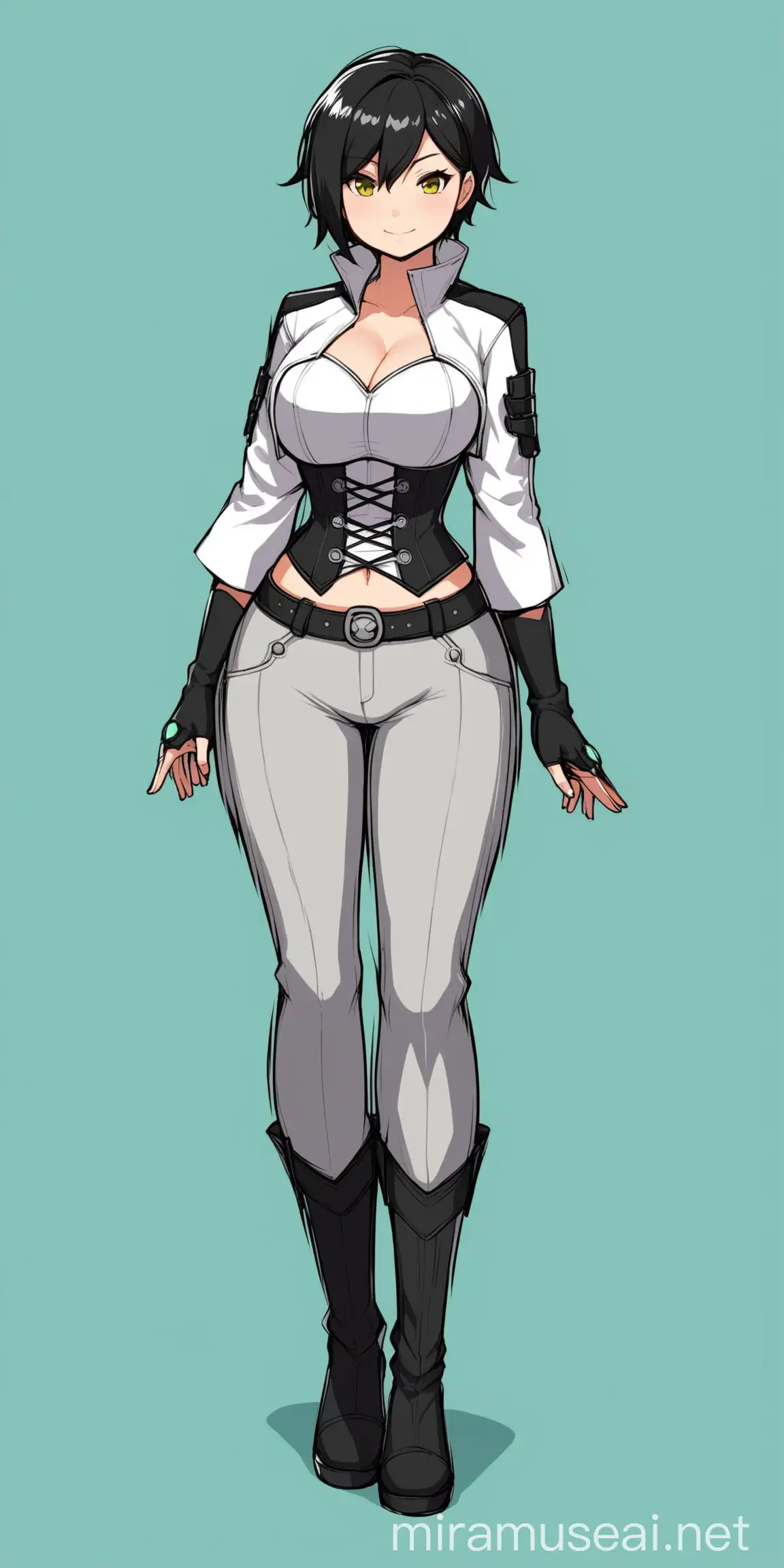 neo from rwby, shortstack, short adult female, big chest, grey pants, white cropped jacket, corset, full body, frontal