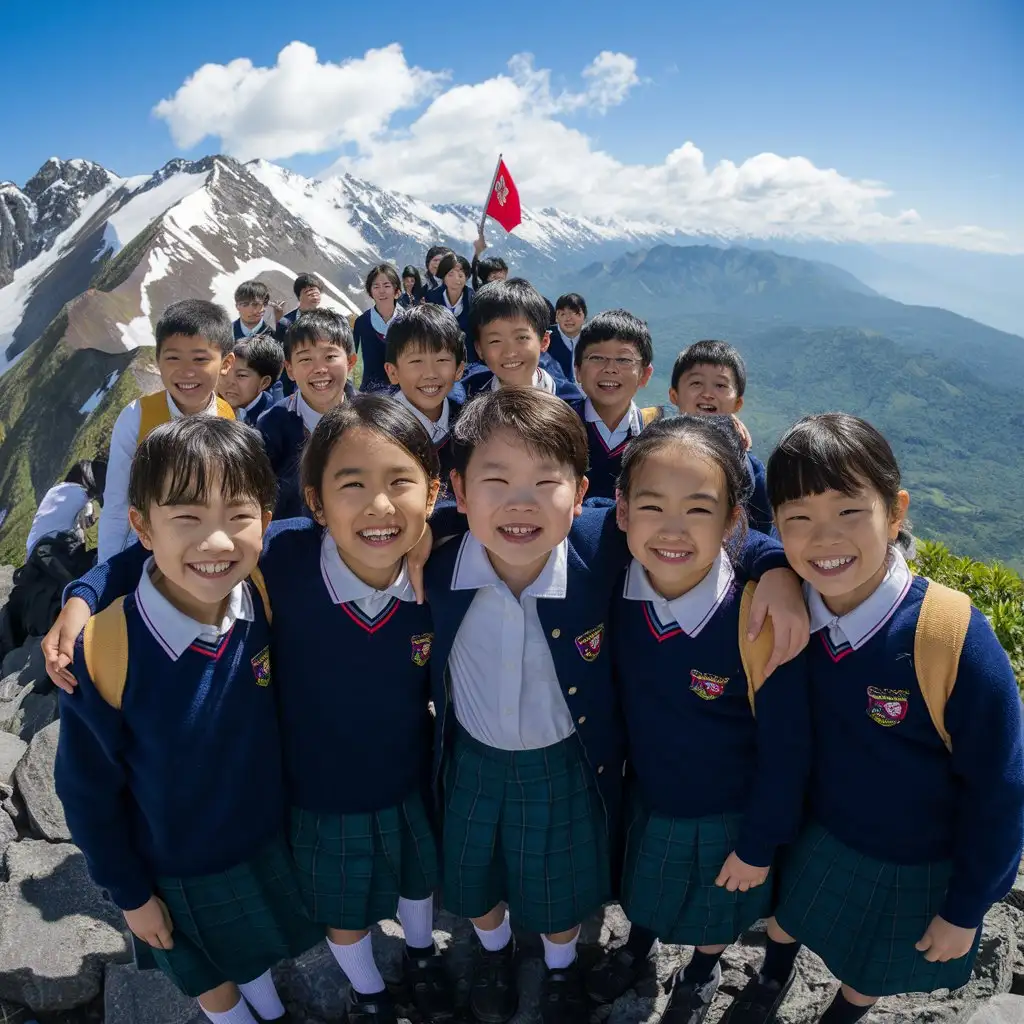 A group of happy Asian primary students with uniform on mountain