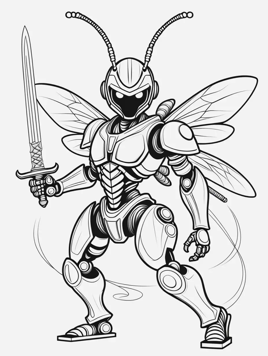 Ninja Robot Wasp with Sword Coloring Book Illustration