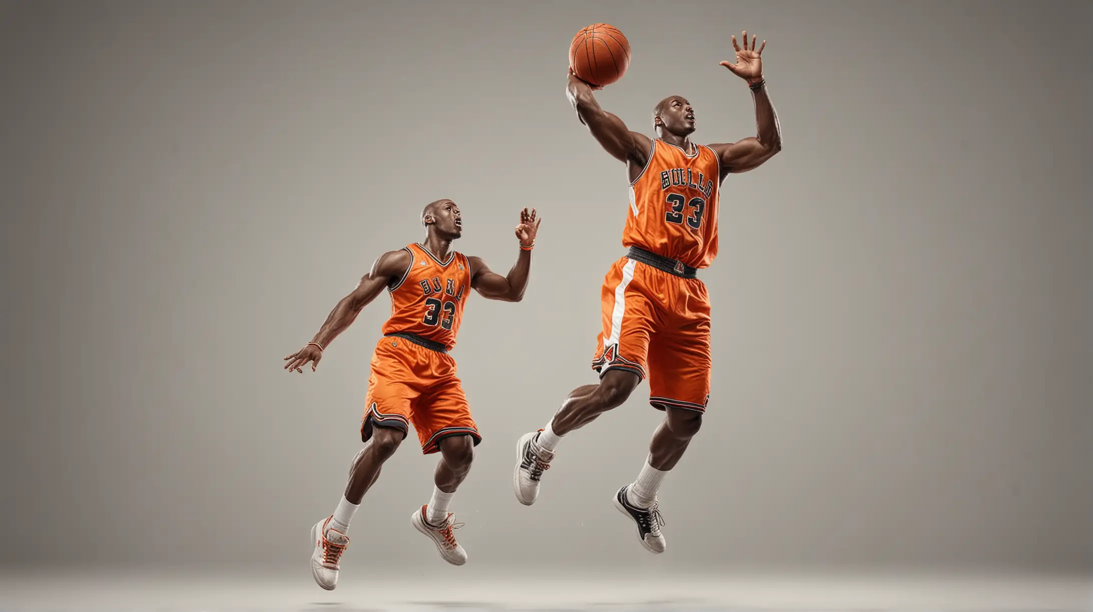 Dynamic Basketball Player Jumping with Ball in Orange Uniform