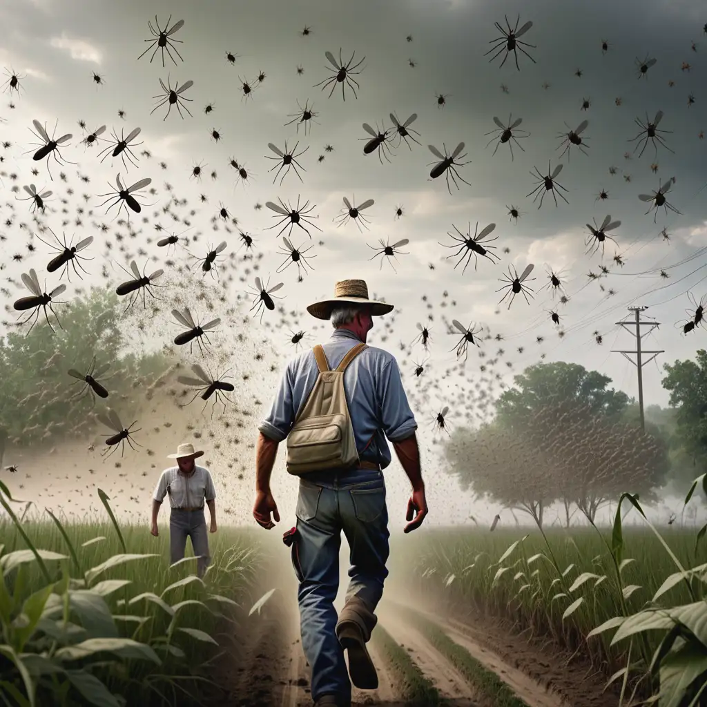 a swarm of vicious mosquitos chasing a farmer down