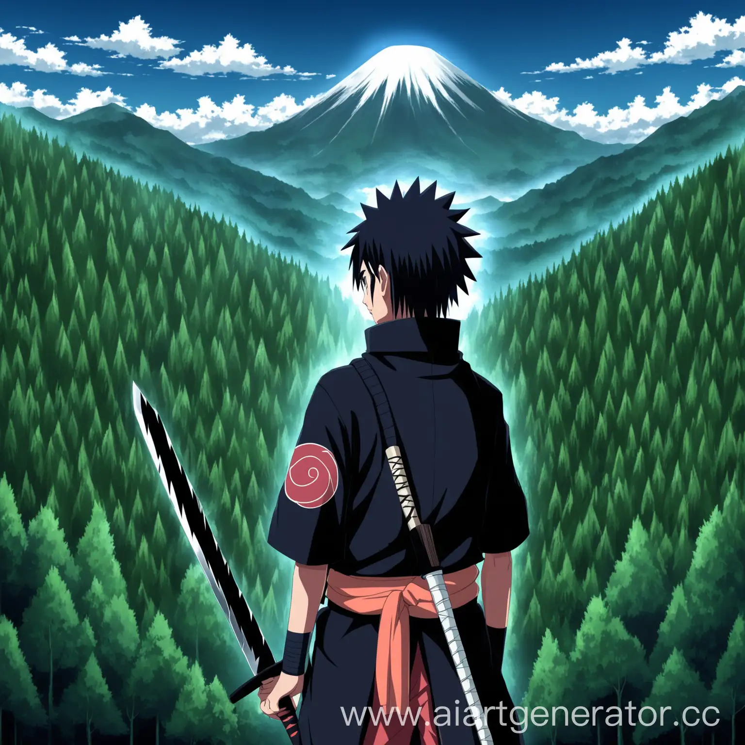Uchiha-Naruto-Fan-Art-Young-Swordsman-Amidst-Forest-and-Mountains