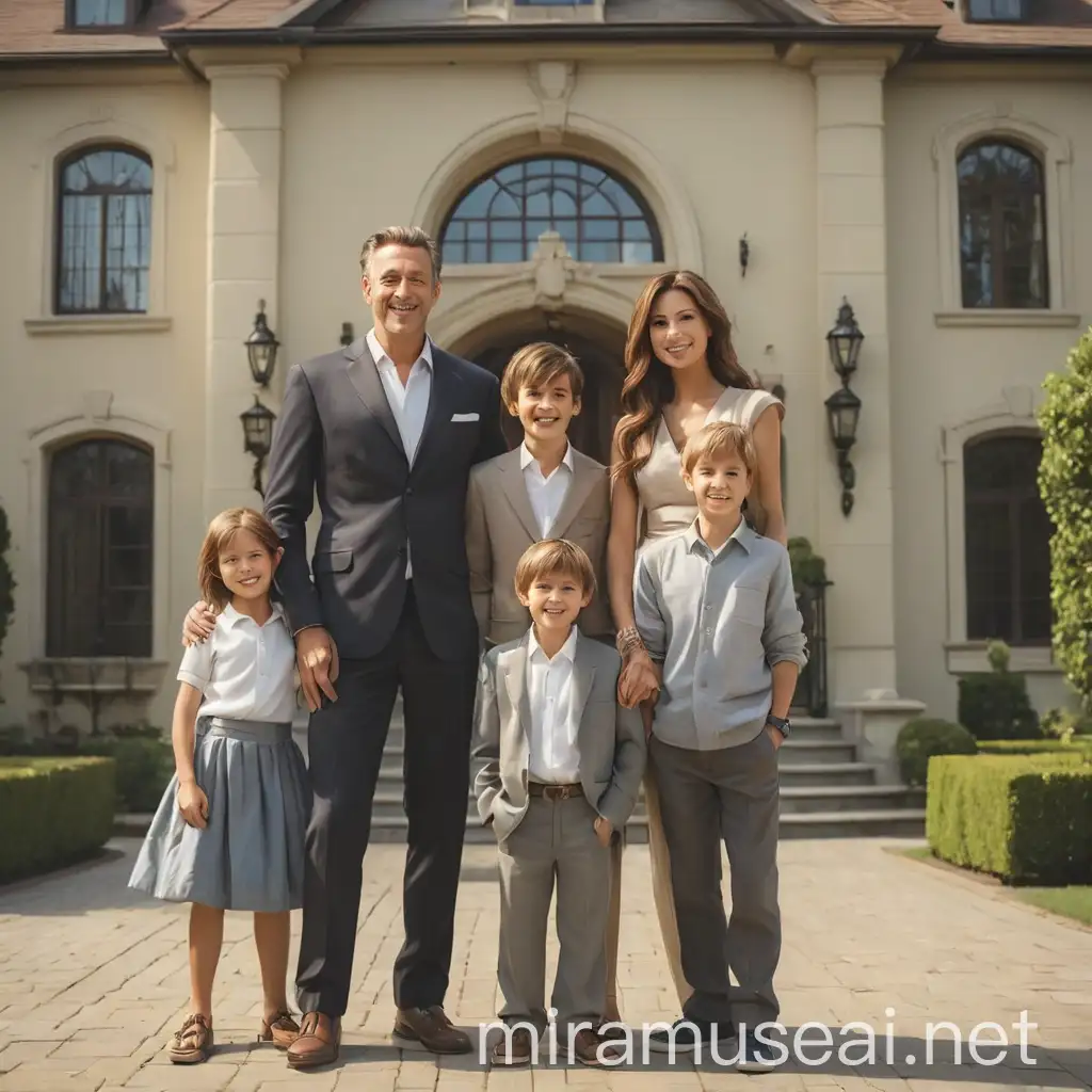 A happy rich man with his beautiful wife, two sons in front of their big mansion