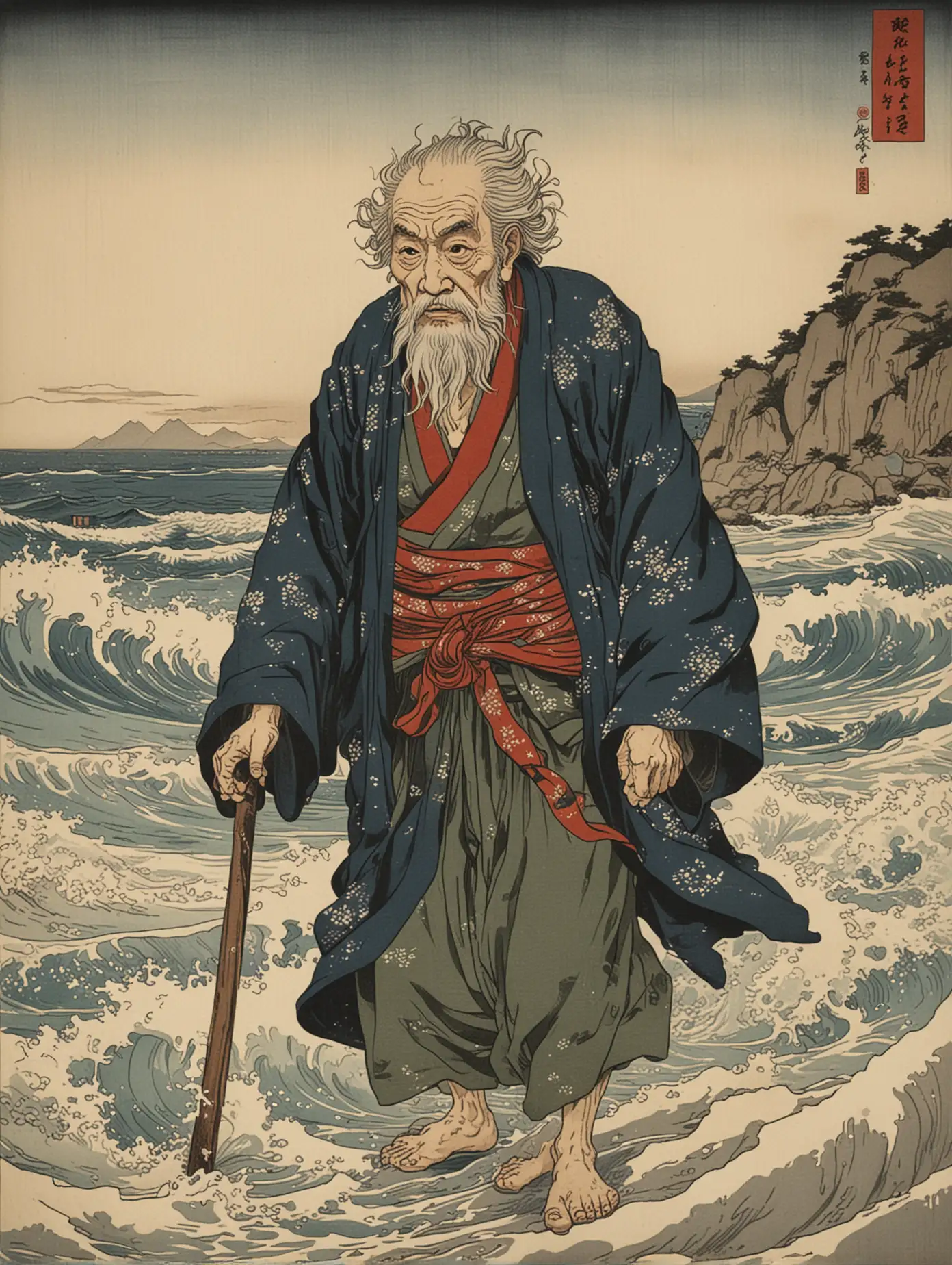 Ancient Japanese Seaside Command Ukiyoe Print of a Wise Elder Confronting the Ocean
