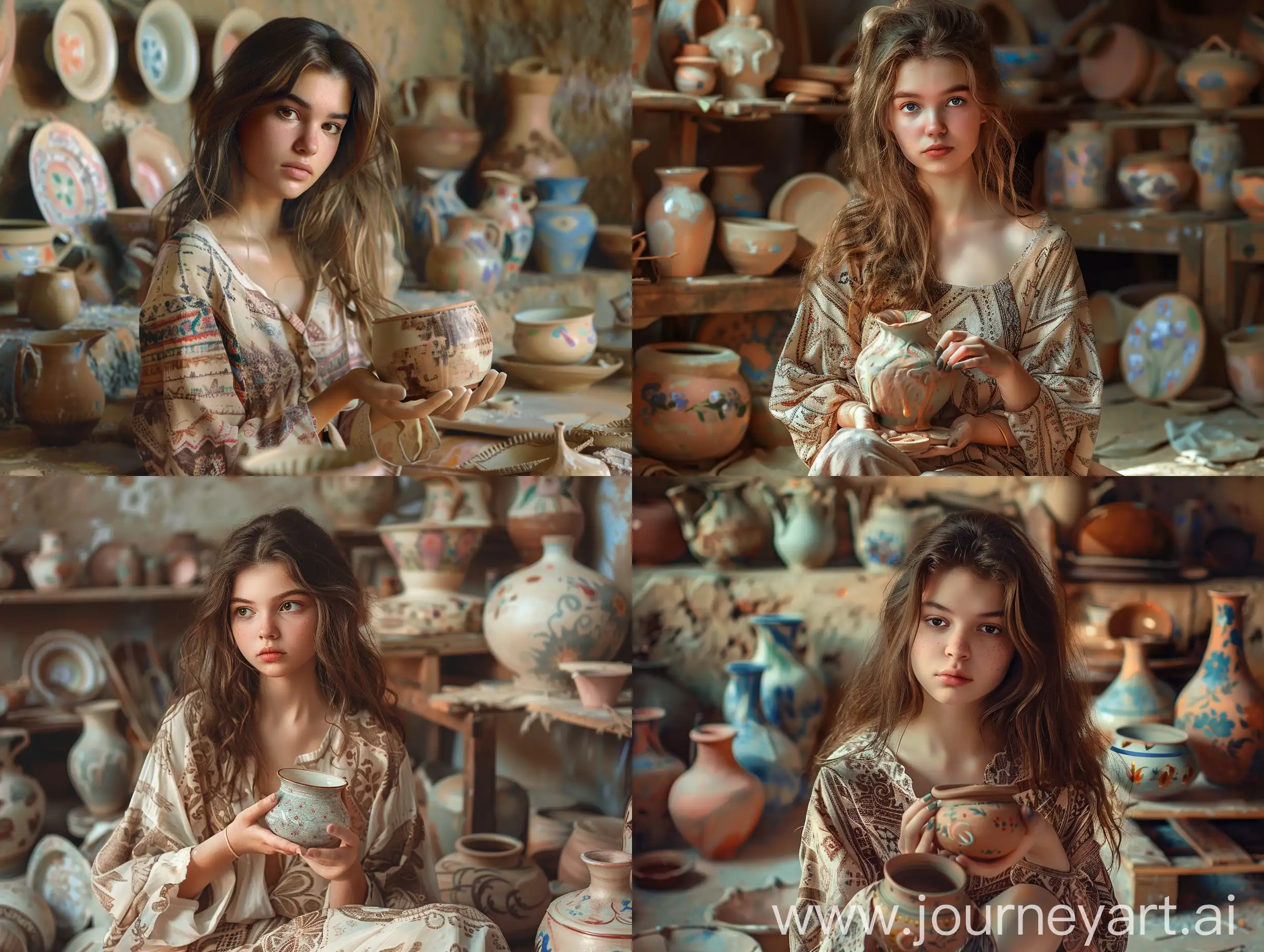 A young woman with her hair down, sitting in a clay workshop, painted dishes and various vases in the background.
A girl with a natural and innocent appearance holds a handmade ceramic product in her hands, dressed in clothes with a light pattern similar to the painting on handmade ceramic products.
The colors, in particular, are pastel: beige, brown, pale pink, dark blue.
Make everything as realistic as possible