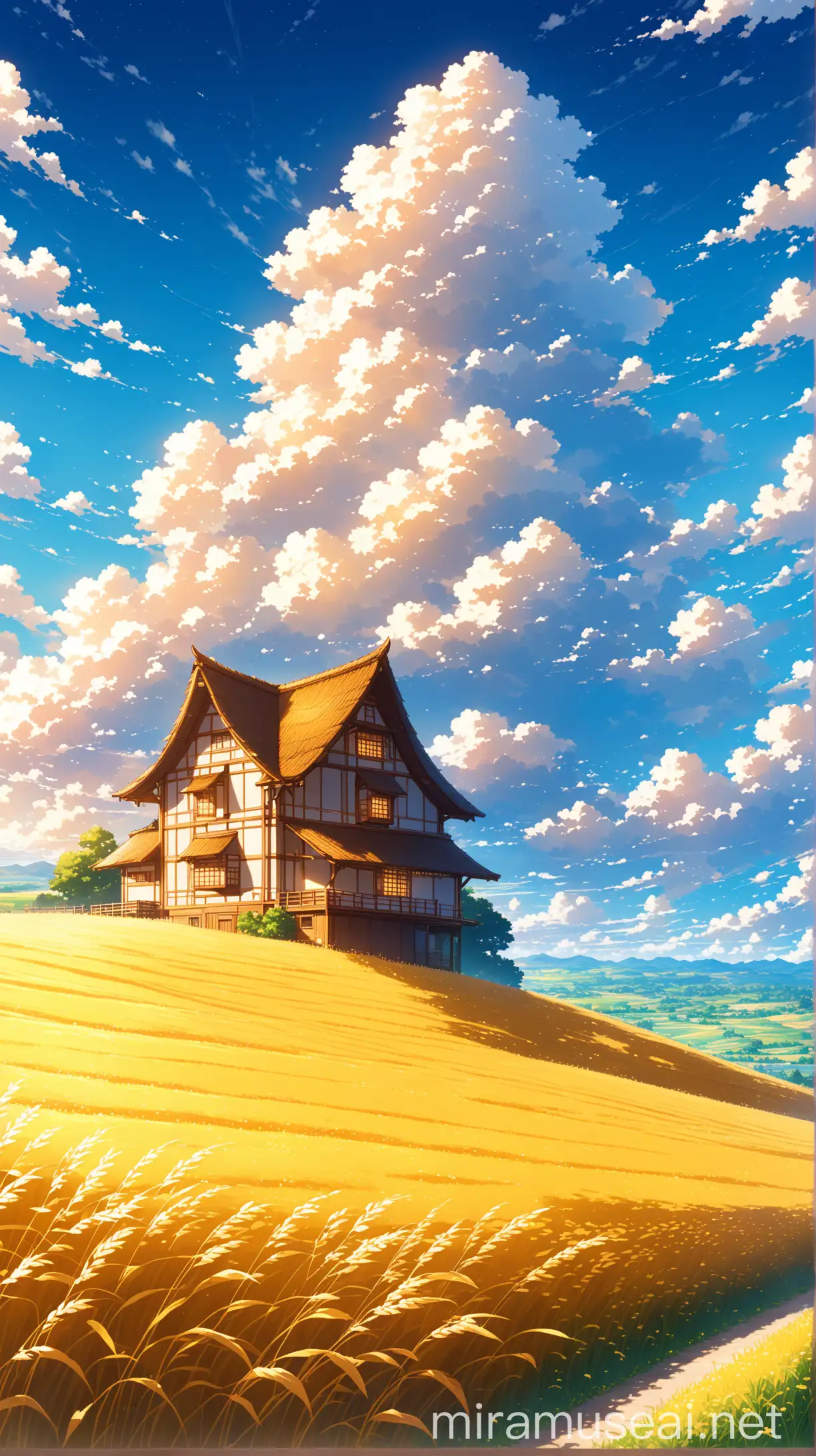 Quaint Cottage Surrounded by Golden Fields under an Anime Sky