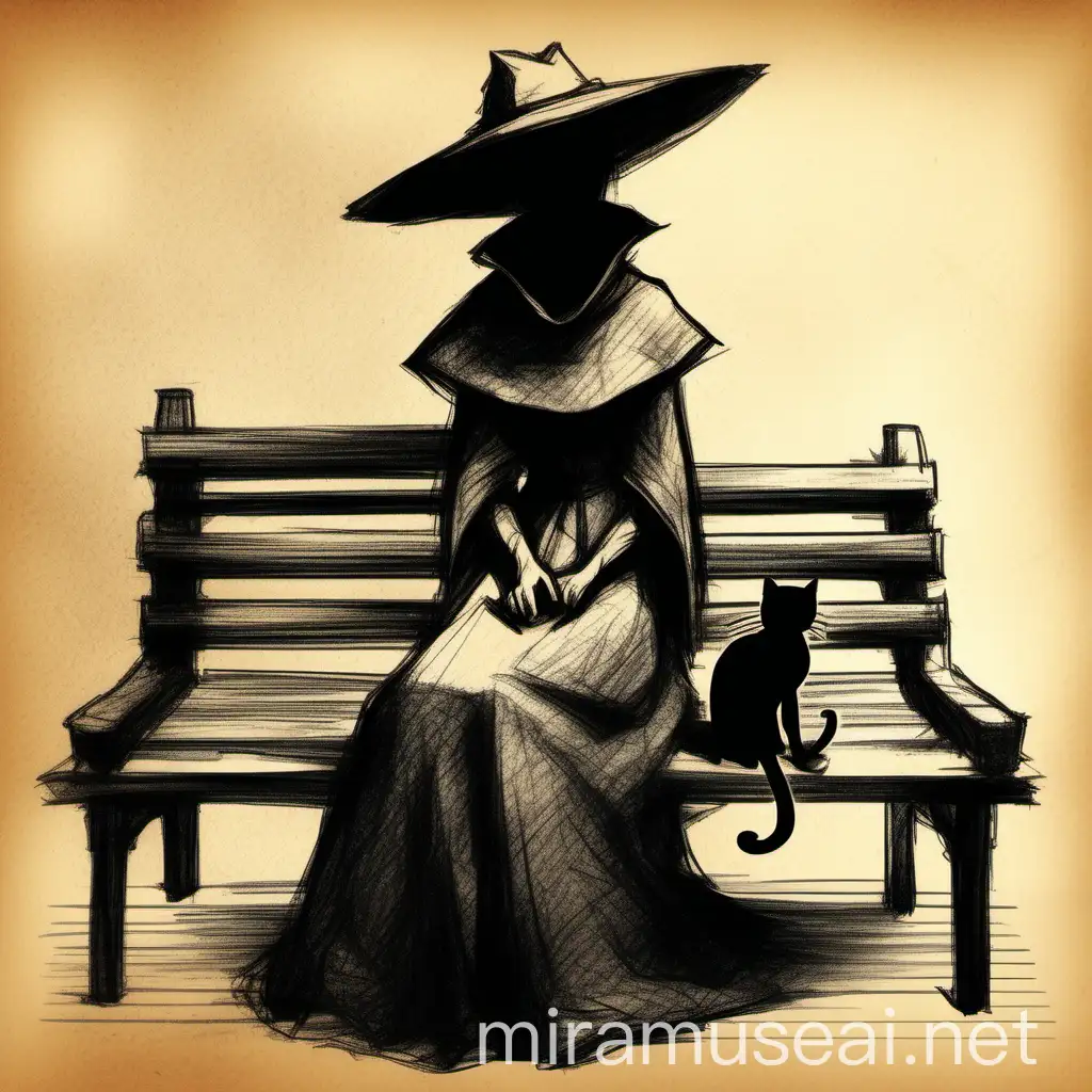 Rough charcoal sketch on old paper, in night female silhouette from the middle ages mystery and a big hat A wide skirtsitting on a bench and she got a cat The side where the cat is blackened   ,dynamic pose,clean line art::4Sketchnote Style::11