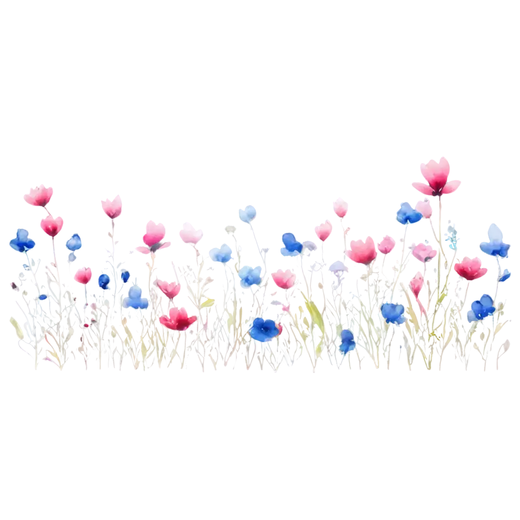 watercolor wildflowers with blue and pink flowting
