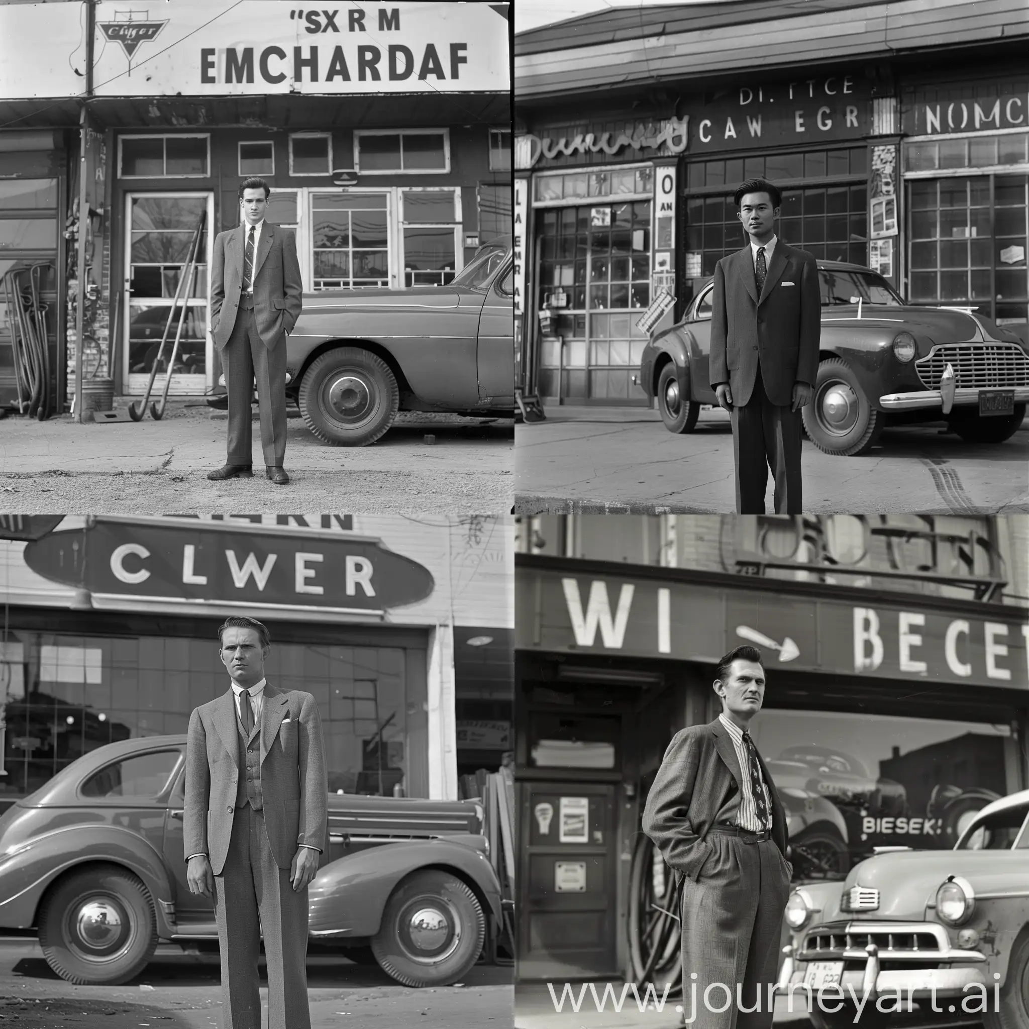 Man in a suit standing in front of an automobile repair shop