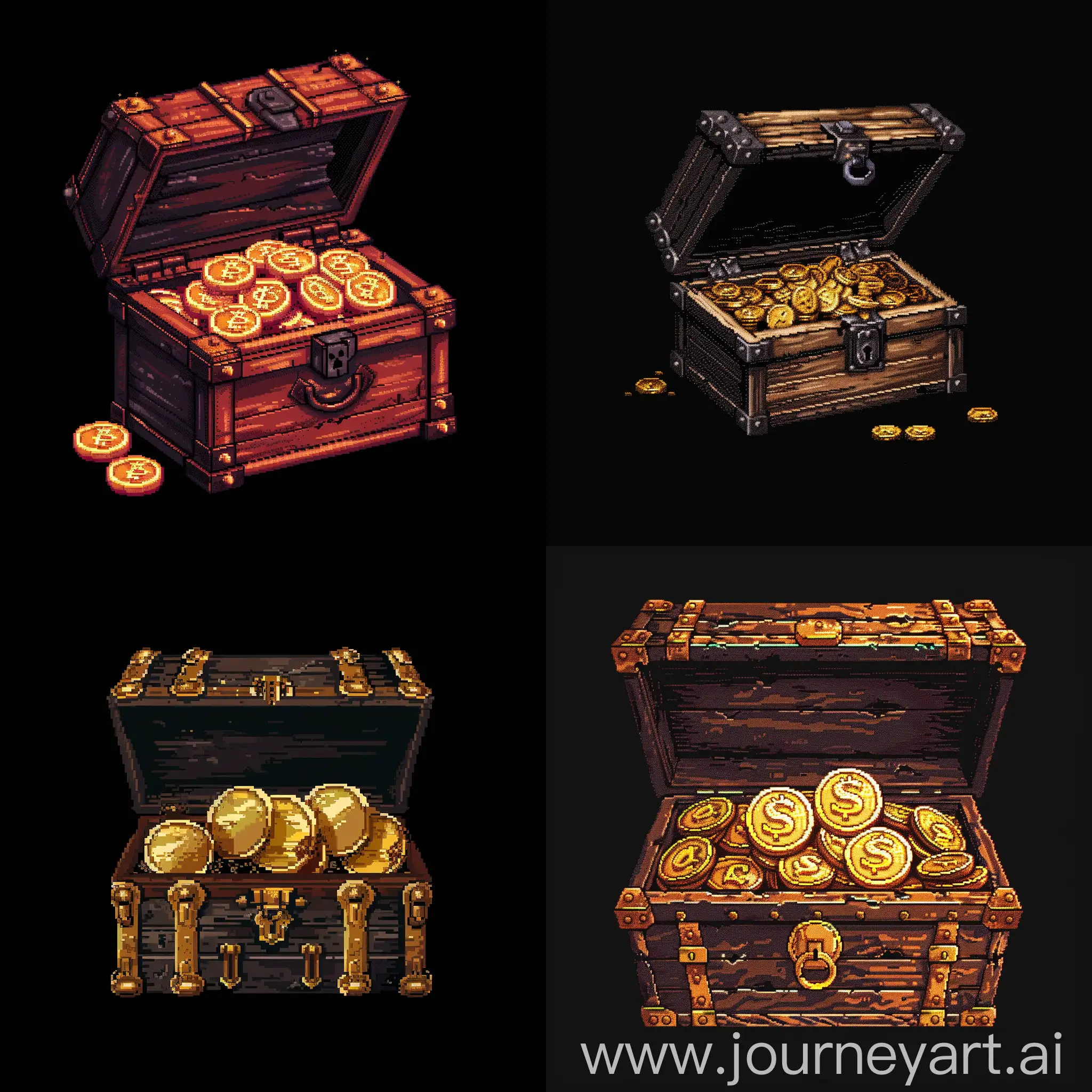 an open chest containing 5 gold coins
 pixel art, background all black, horror style