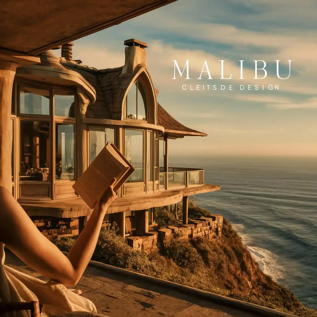 aesthetic house design with more sky, think malibu California on a cliffside, need a woman's arm POV holding a book like she's reading