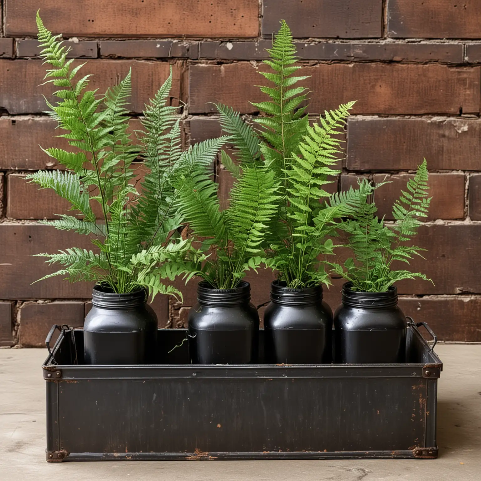 industrial centerpiece with black jars with modern ferns inside a rusted metal box; show with an industrial brick wall background