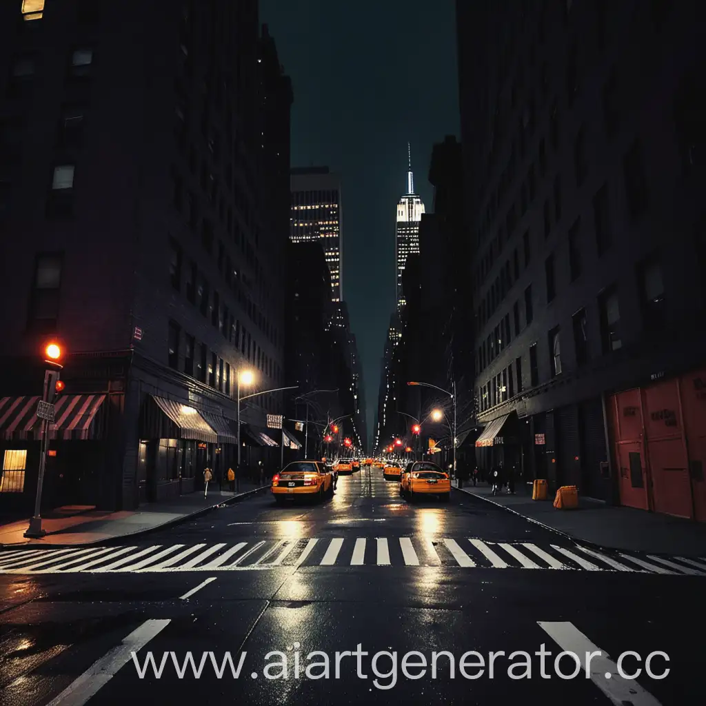 Dark-Night-in-New-York-City-Urban-Street-Scene-with-Illuminated-Buildings