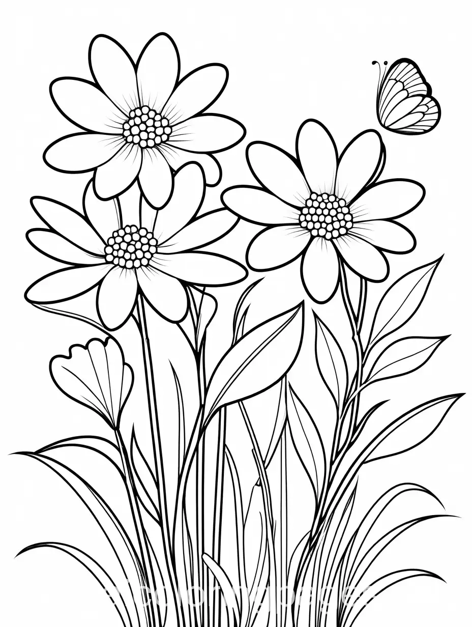 Simple easy flowers with no shading, outline only, Coloring Page, black and white, line art, white background, Simplicity, Ample White Space, The background of the coloring page is plain white to make it easy for young children to color within the lines. The outlines of all the subjects are easy to distinguish, making it simple for kids to color without too much difficulty