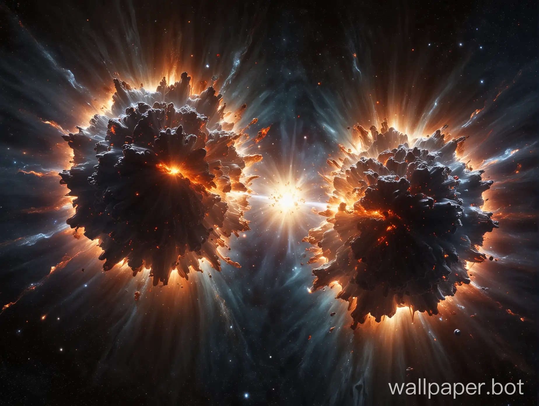 the collision of two supernova stars in space, photorealism, the blast wave spreading in different directions